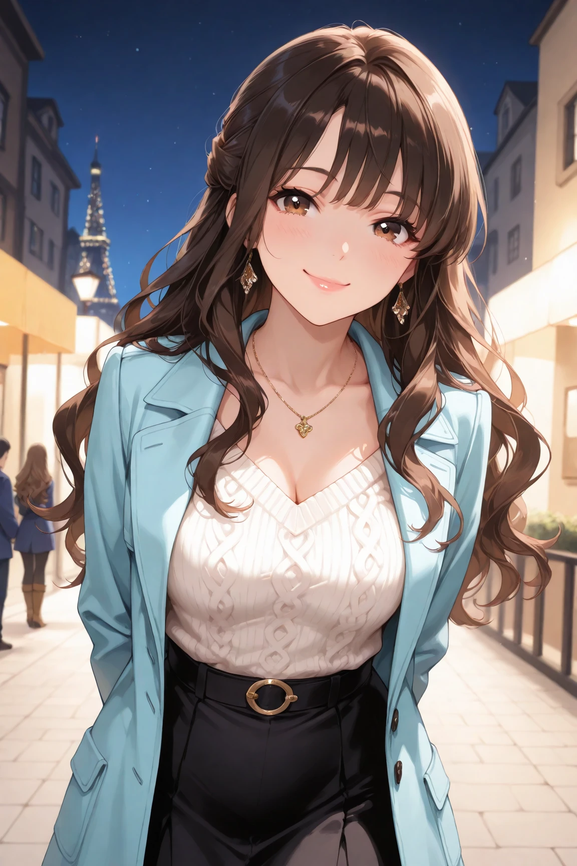masterpiece, best quality, ultra detailed, detailed eyes, sparkling eyes, nsfw, ((huge breasts, cleavage)), The image depicts a young woman with long, flowing brown hair that slightly curls at the ends. She has a warm, inviting smile and bright, expressive orange-brown eyes, which are accentuated by her blush. She is wearing a stylish outfit that consists of a brown jacket over a dark blue sweater, and a black skirt with pleated detailing. Her outfit is accessorized with a gold necklace that features a distinctive pendant, along with geometric-shaped earrings that match her necklace in color and style. The background suggests an urban setting, with blurred elements that imply a street scene. The lighting is natural, with the sunlight casting a soft glow on her face and hair, highlighting her cheerful demeanor. The overall aesthetic of the image is vibrant and modern, with a touch of elegance, emphasizing the character's confident and friendly personality. The artwork style is reminiscent of anime or manga, with detailed and expressive features typical of this genre.