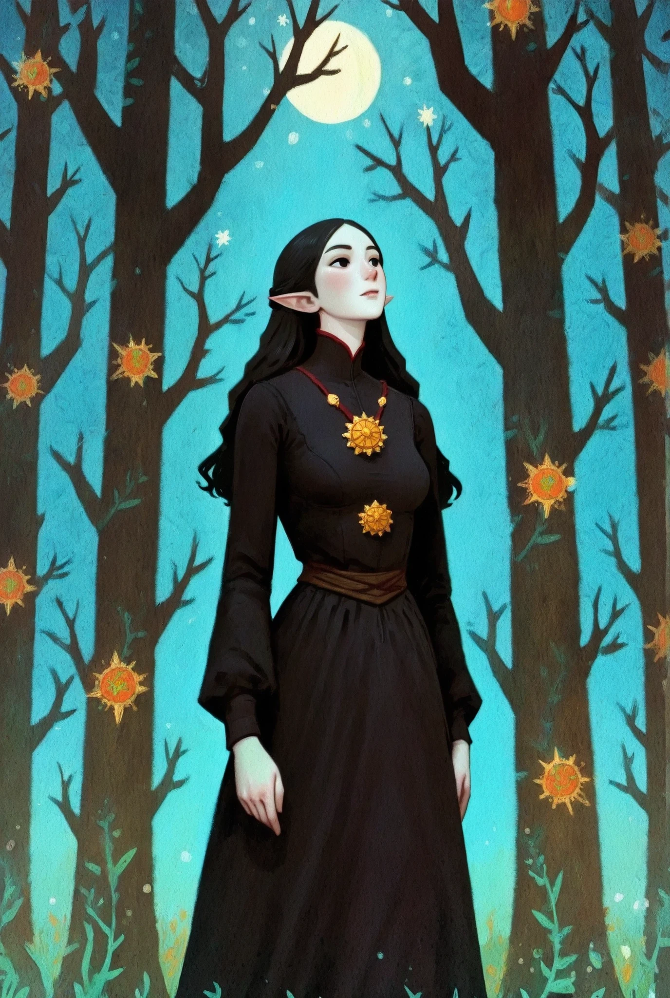 dkri style, 1girl, gorgeous elf, mature girl, looking away:1.5, vibrant pale skin, perfect hands, black eyes, medieval black dress, fantasy aesthetic, painterly illustration, gouache painting, soft illustration, 2d art, abstract background, masterpiece, best quality, flat illustration, extreme quality, IllustriousQual, masterpiece, best quality, realistic, lora:AnatoFinnstarkIXL_v2:1.0