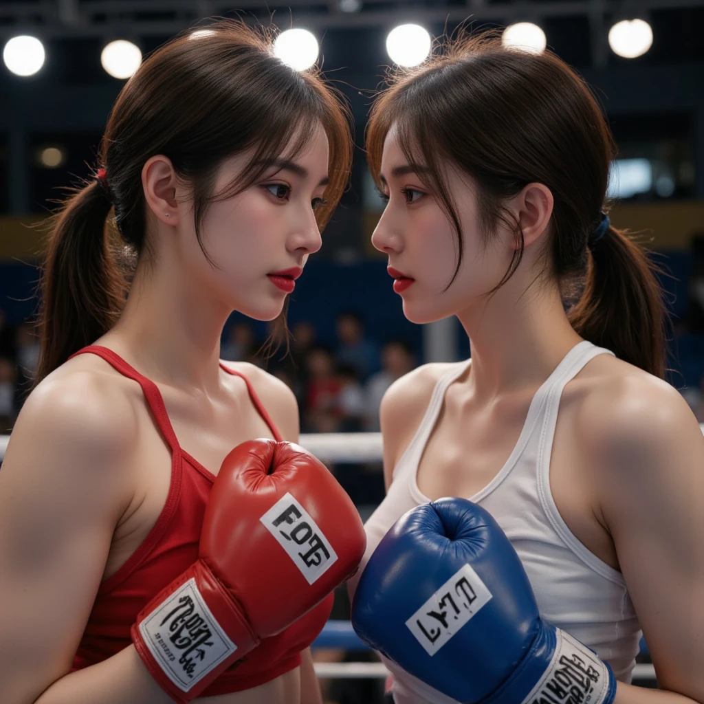 Boxing Match, ((masterpiece, highest quality, Highest image quality, High resolution, photorealistic, Raw photo, 8K)), ((Extremely detailed CG unified 8k wallpaper)), (huge stunning goddess shot, very hot and sexy, jaw-dropping beauty, perfect proportions, beautiful body, slim body beauty:1.4), Female boxers, two athletes beating each other in the ring, wearing sports bras, trunks, boxing gloves and boots, sweat splattered, Sweat running, wet body, intense fighting, (View from below), SFW,