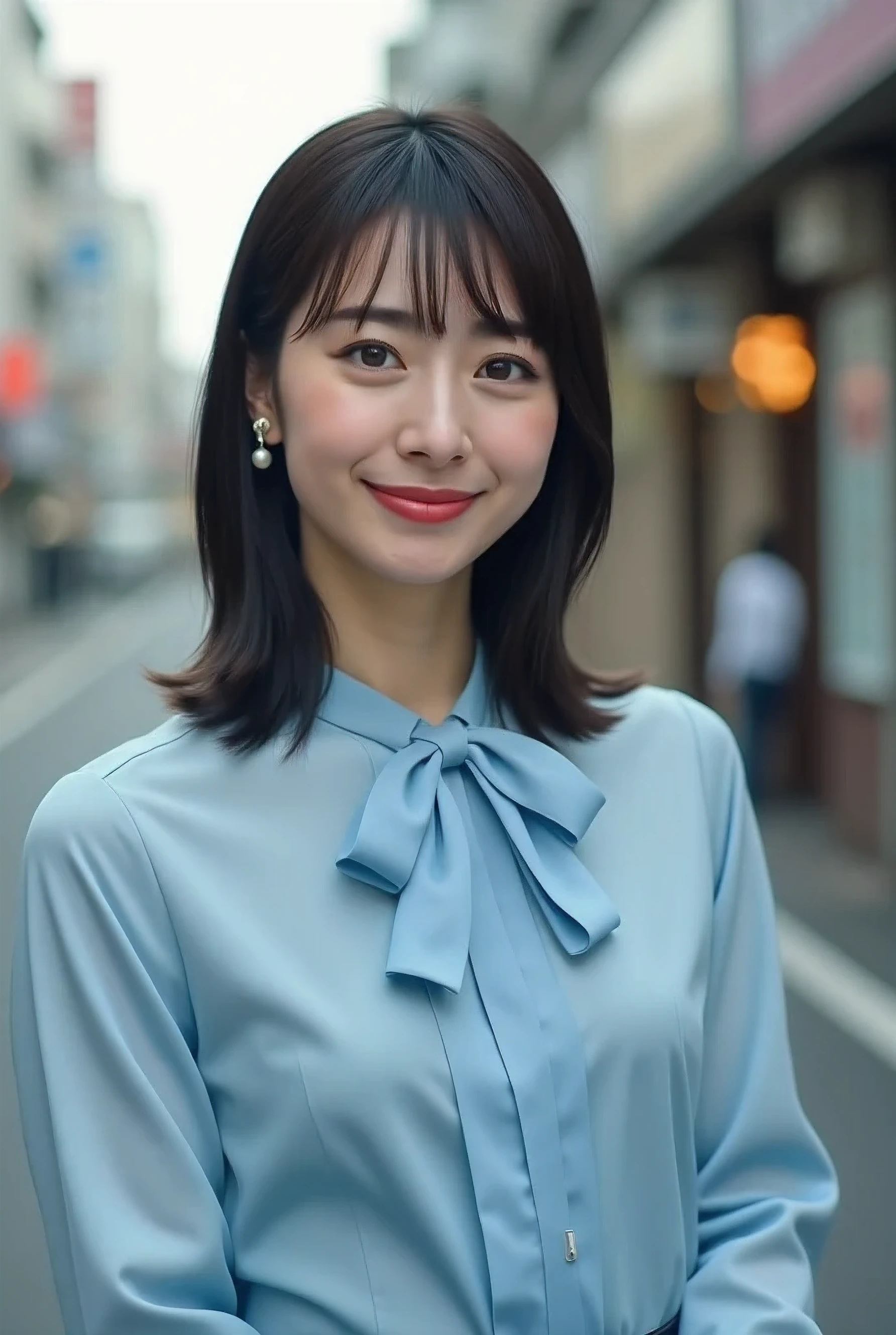 (8k, late 20th century photo, highest quality, masterpiece: 1.2), (realistic, photorealistic), (28-year-old career woman in Tokyo)
(A neat and tidy Japanese beauty with light makeup)
((Long face, well-formed eyebrows, light makeup, medium-length straight black hair))
(Slender and delicate body)
((Light blue bowtie blouse))
(Gentle smile)
(Clear street corner, bust shot)