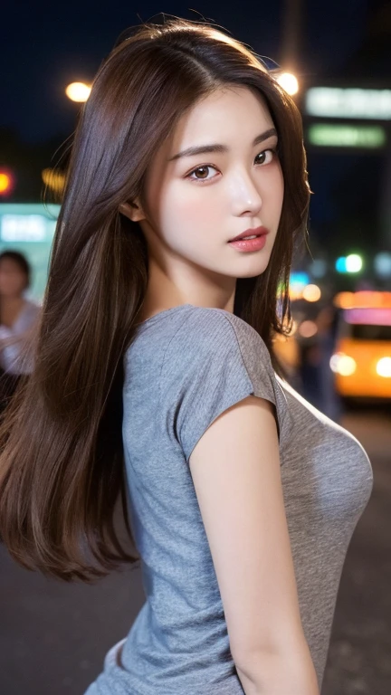 ((Realistic lighting、beste Quality、8K、Master Masterpiece:1.3))、Clear focus:1.2、 a girl、Perfect Body Beauty:1.4、Slim abs:1.1、a whole body、((darkbrown hair、a large breast:1.3))、(Acceleration:1.4)、(al fresco、night:1.1)、View of Waikiki Beach、Fireworks Festival、Palm Tree、slender face、Fine eyes、Double eyelidd、poses of fashion models、Floating hair、T‐shirt、Pendants、