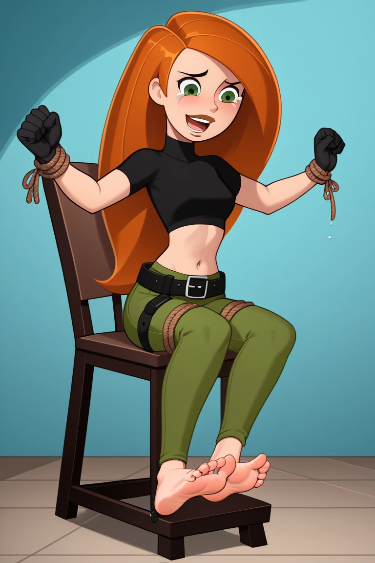 frankie foster, FostersStyle, red hair, strapless, black eyes, black dress, gold hoop earrings, sexy , hair clip, sit tied to a chair, barefoot, full body, medium breasts, ponytail, cowboy shot, masterpiece, looking at viewer