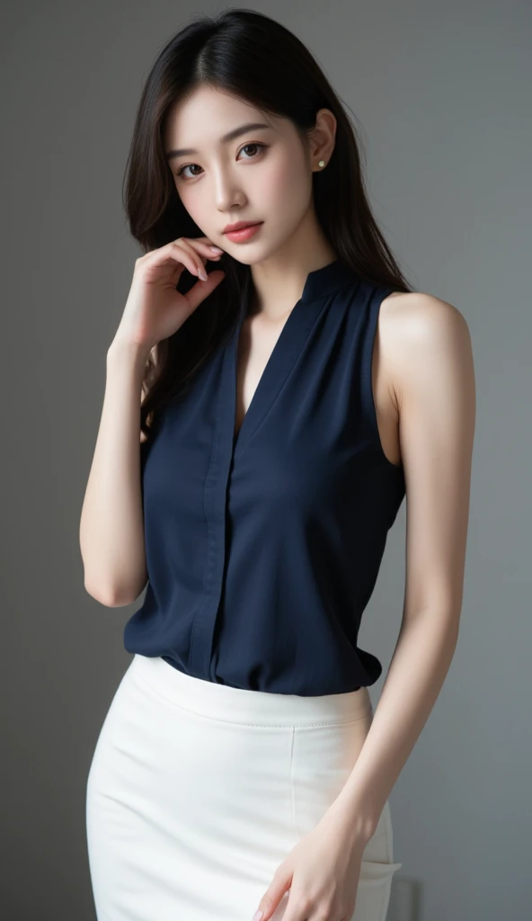 8K picture quality、high resolution、Realistic skin texture、high resolutionの瞳、Miss、日本夏季办公室Miss、Sleeveless knitted shirt、Princess hairstyle、Thin、、Large Breasts、Large Breastsの谷間、(a charming smile:1.2), Brown hair、Thin脚、Large target、Sweat accumulates on the chest、roof、Comb your hair up