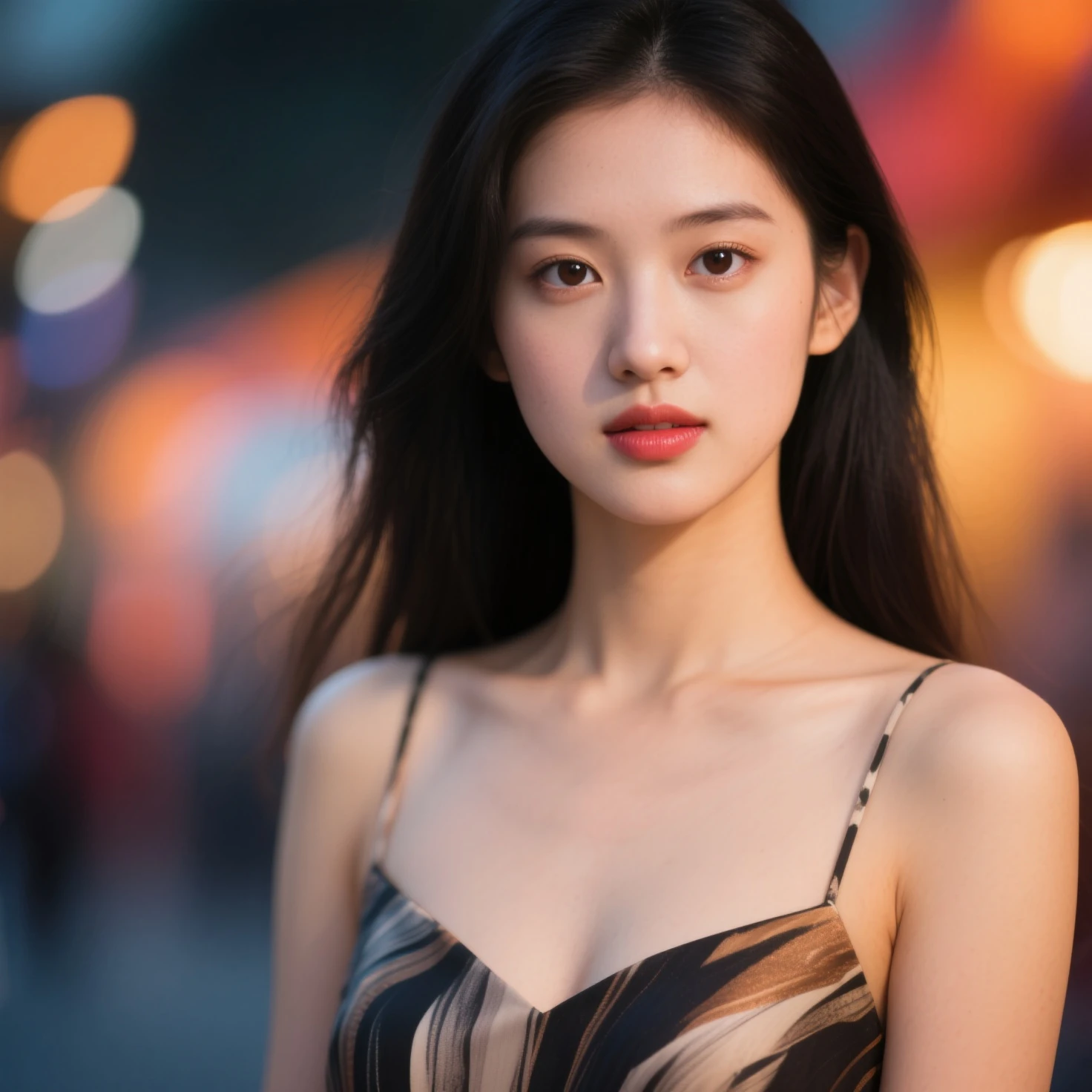8k, masterpiece, RAW Photos, Highest quality, Realistic, extremely detailed CG unity 8k wallpaper, Depth of written boundary, Cinematic Light, Lens flare, Ray Tracing, (Very beautiful face, Beautiful Lips, Beautiful Eyes), Exquisitely detailed face, ((Very detailed肌)) One girl, In the Dark, Deep Shadow, Cute Asian Girl, (Very slim slender fit-muscled body:1.3), ((View your viewers)),(Big smile:1), City Night, Dark Night, (Neon Signs), (Blurred Background), Fashion Street Night),(No people in the background:1.3), bracelet, necklace, Denim shorts, Clear Eyes, (Pale skin), (Big Eye Ace Forward, ((Upper Body Shot)), (Brown Hair), (See through), (View your viewers:1.3) Open chest, Very slim, Large Breasts, ((See through)), Touching the chest, Very detailed, Ultra-realistic