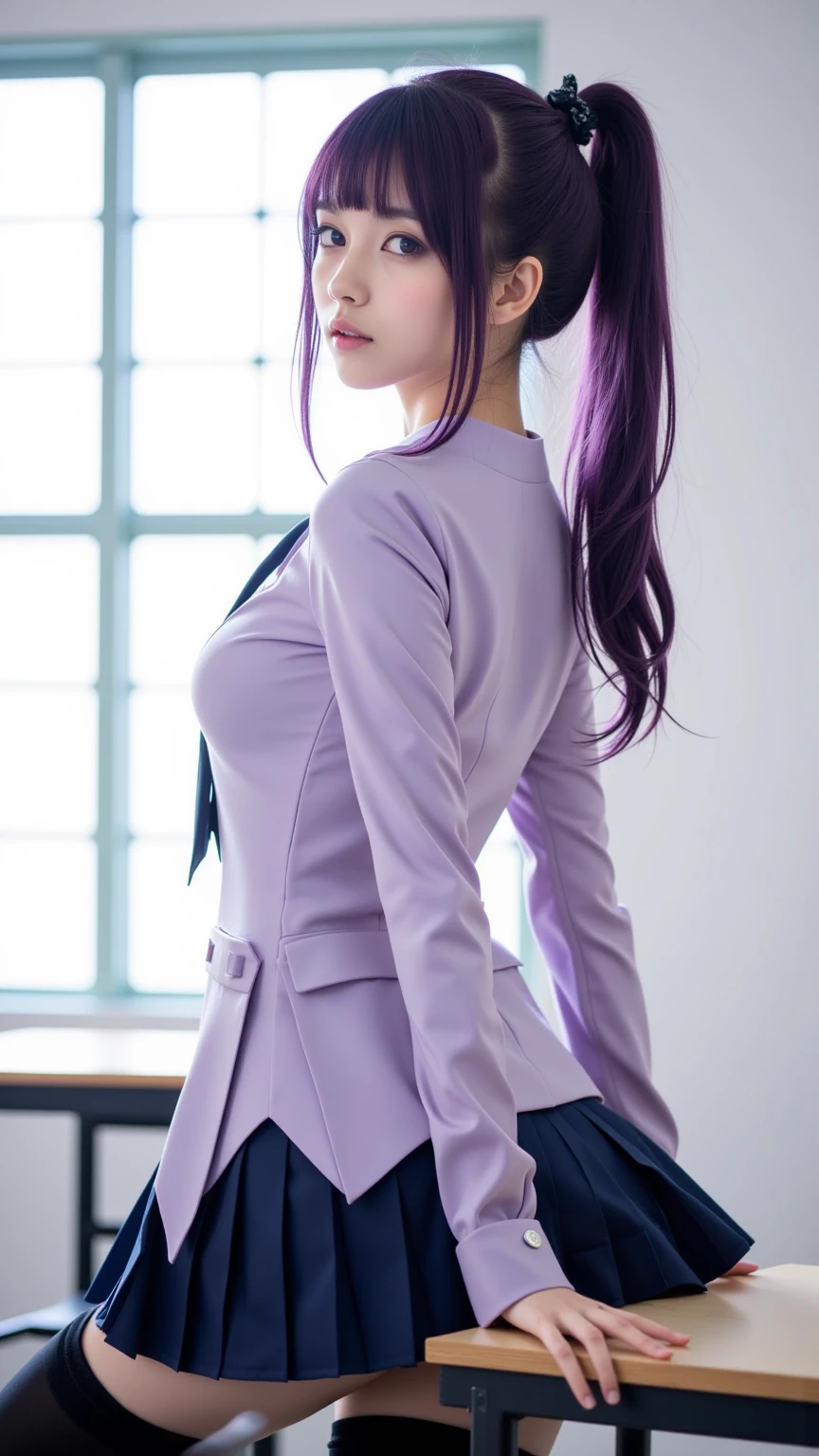 ​masterpiece, top-quality, Hi-Res, SH1, senjougahara hitagi, The long-haired, Purple hair color、Cosplay、long-sleeve, neck tie, 校服, pleatedskirt, juliet sleeves, black thigh, PINK SHIRT, cowboy  shot,Superb Smile