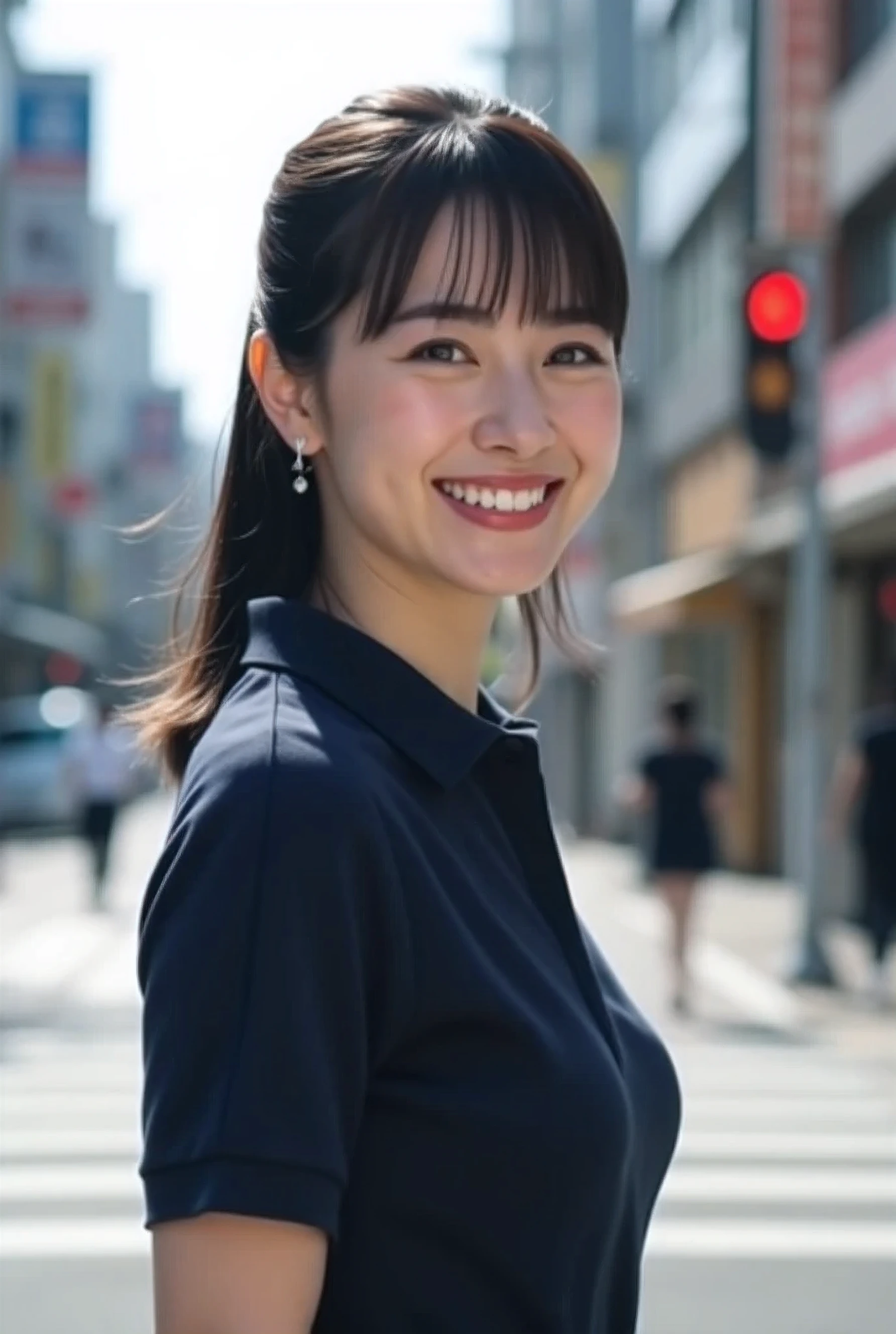 (8k, late 20th century photo, highest quality, masterpiece: 1.2), (realistic, photorealistic), (28-year-old career woman in Tokyo)
(A neat and tidy Japanese beauty with light makeup)
((Long face, neat eyebrows, light makeup, medium-length straight black hair, ponytail))
(Slender and delicate body, ample bust)
((Dark navy blue polo shirt))
(Gentle smile)
(Clear street corner on a sunny day, diagonal bust shot from the side)