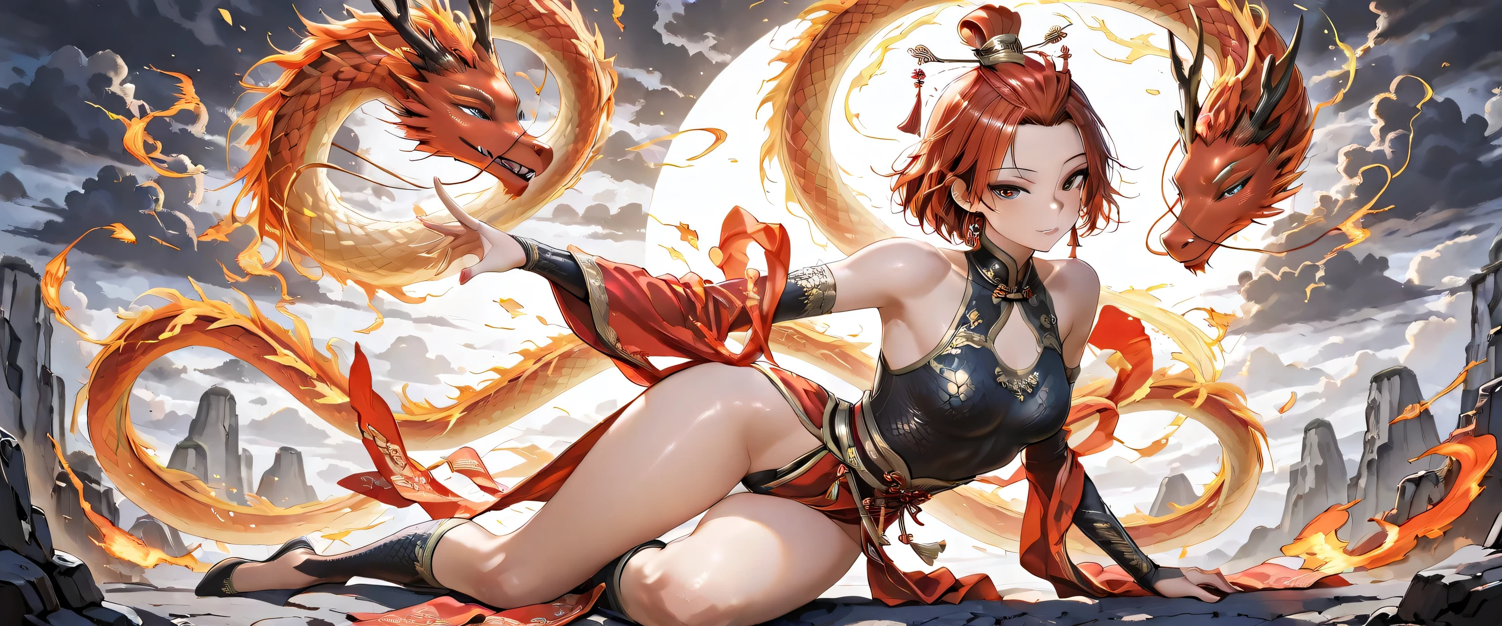 (masterpiece, best quality, ultra detailed, 4K, Chinese mythological fantasy style), A mature, seductive, and powerful female warrior inspired by ancient Chinese mythology, around 16-18 years old. Her presence is both fierce and irresistible, with a sultry expression and an aura of dangerous allure. Her eyes burn with fiery intensity, exuding both power and mystery. She wears luxurious, form-fitting Chinese armor, made of black and gold, with intricate details that highlight her curvaceous silhouette. The armor is ornate, with delicate golden dragon patterns on the shoulders and chest, but designed to be revealing, showing more of her graceful, toned body. The flowing red silk sleeves flutter around her arms, exposing her bare, flawless skin beneath, adding to her seductive charm. medium chest, Her short hair, styled in a traditional elegant topknot with ribbons, cascades down her back in silky waves, framing her face and accentuating her beauty. She grips a blazing spear in one hand, while her other hand controls a magical red cloth (Huntian Ling) that swirls around her like an ethereal flame, wrapping around her figure in a spiral of fiery energy. The cloth dances like a fiery serpent, creating an illusion of a dragon wrapping around her body, adding a sense of sensual yet dangerous movement. She stands confidently on cracked, scorched earth, her posture seductive yet commanding. Her body is poised as though she is about to unleash a devastating strike, one leg slightly bent, hips tilted in a way that accentuates her feminine grace. The background is filled with ancient Chinese elements, like dark clouds, misty mountains, and swirling fire, creating a mythical and dramatic atmosphere. The scene blends both beauty and strength, combining sensuality with the raw power of a legendary warrior.
