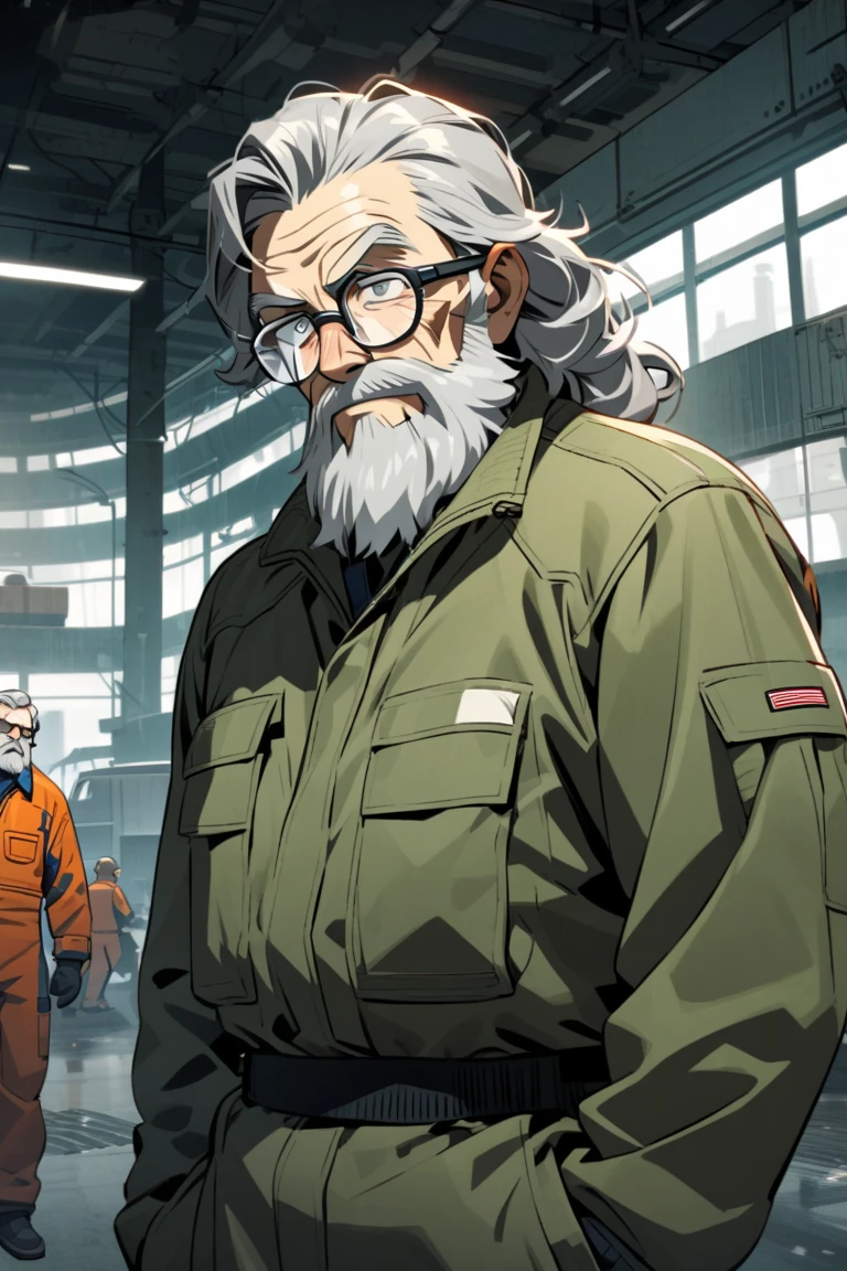 A commander dressed as an elderly man (1.5) with a curious expression, the background is very large combat command with many large screens