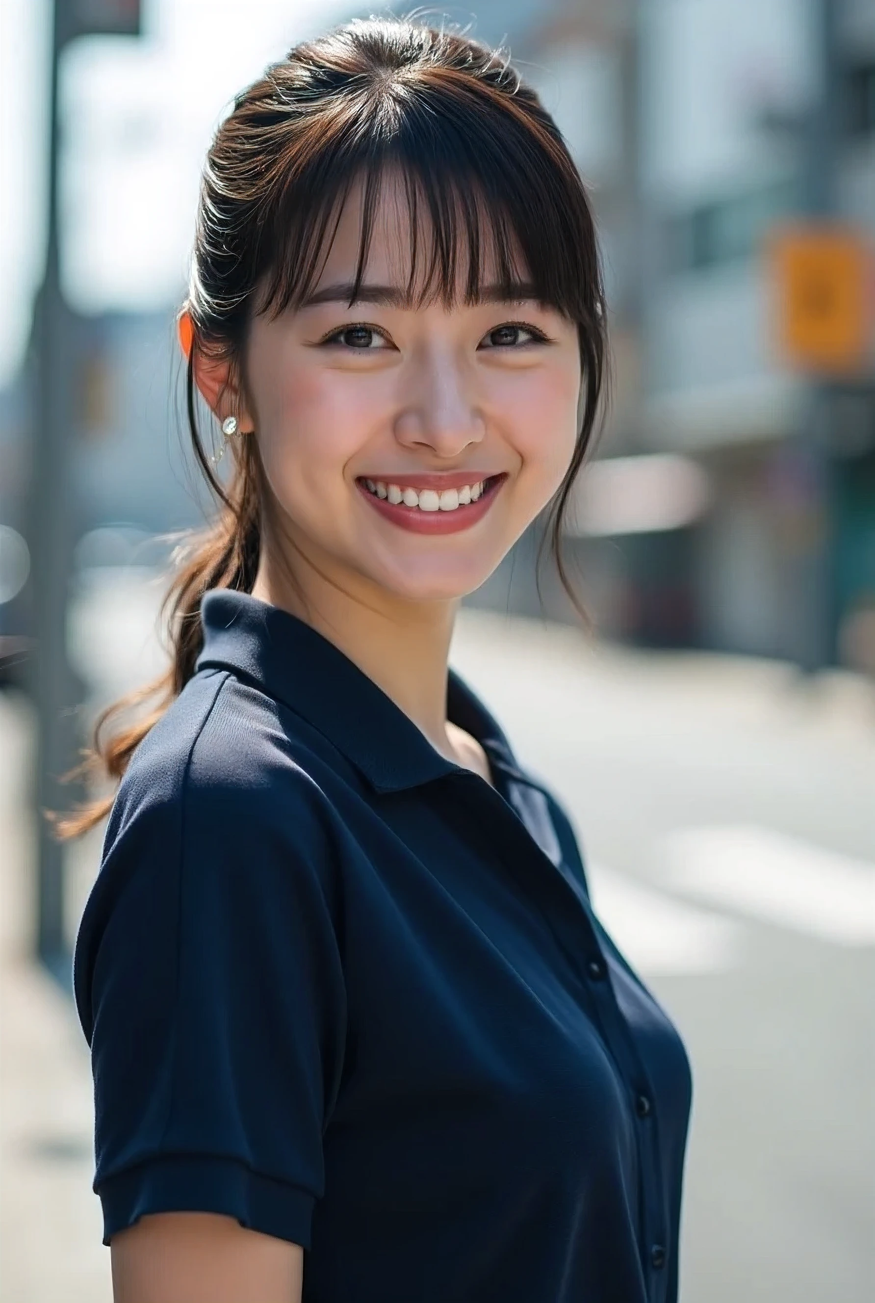 (8k, late 20th century photo, highest quality, masterpiece: 1.2), (realistic, photorealistic), (28-year-old career woman in Tokyo)
(A neat and tidy Japanese beauty with light makeup)
((Long face, neat eyebrows, light makeup, medium-length straight black hair, ponytail))
(Slender and delicate body, ample bust)
((Dark navy blue polo shirt))
(Gentle smile)
(Clear street corner on a sunny day, diagonal bust shot from the side)