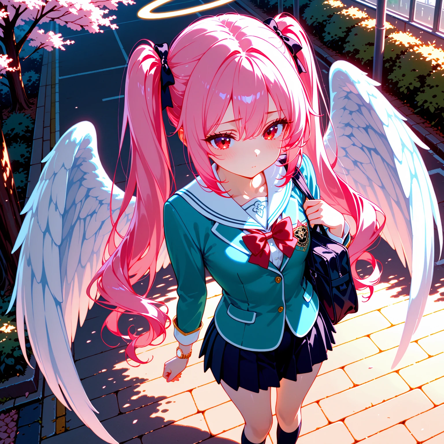 Girl, . Pinkish hair, bangs with white tips hanging over the eyes. Hairpins in the form of angel wings, a small white hat with a pink ribbon, a white blouse with pink trim, white gloves, a pinkish skirt, fishnet tights, pinkish shoes with white Baltika and on the sides. There are moles on both cheeks. Smile fase with sharp teeth