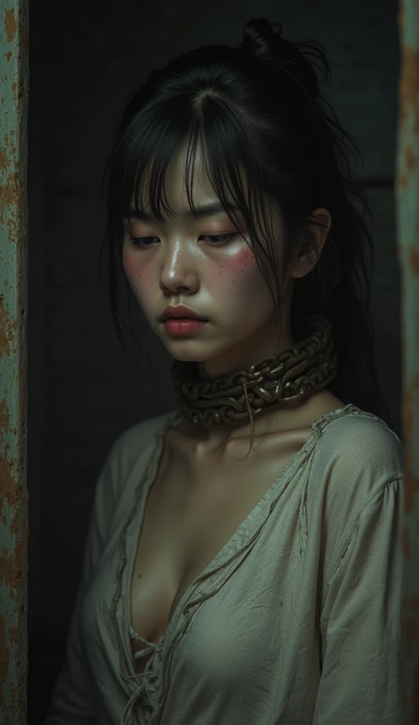 (photorealism:1.2), Korean ager dying, death by strangled, her neck executed on the gallows with deep pain expresion at her face, her neck hanged dan strangled by rope , naked, full body picture