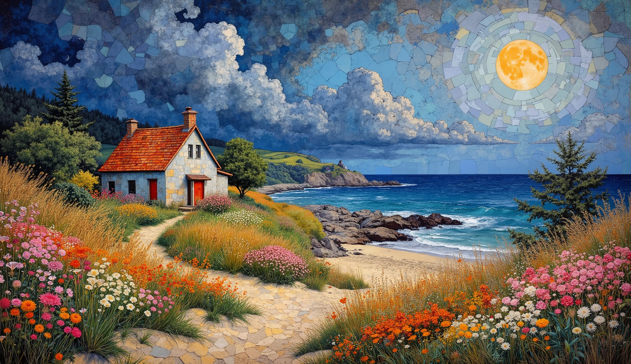 Masterpiece, best composition, best quality, perfect composition, intricate textured abstract painting, mix of Hieronymus Bosch, William Turner, Katrin Welz-Stein, Jacek Jelka oil painting on canvas and Zentangle line art styles: Dreamy and fantastical summer evening seaside view, tall beach grass and beautiful flowers around quaint cottage, winding path to rocky shore, big moon rising over ocean, dramatic storm clouds, colorful.