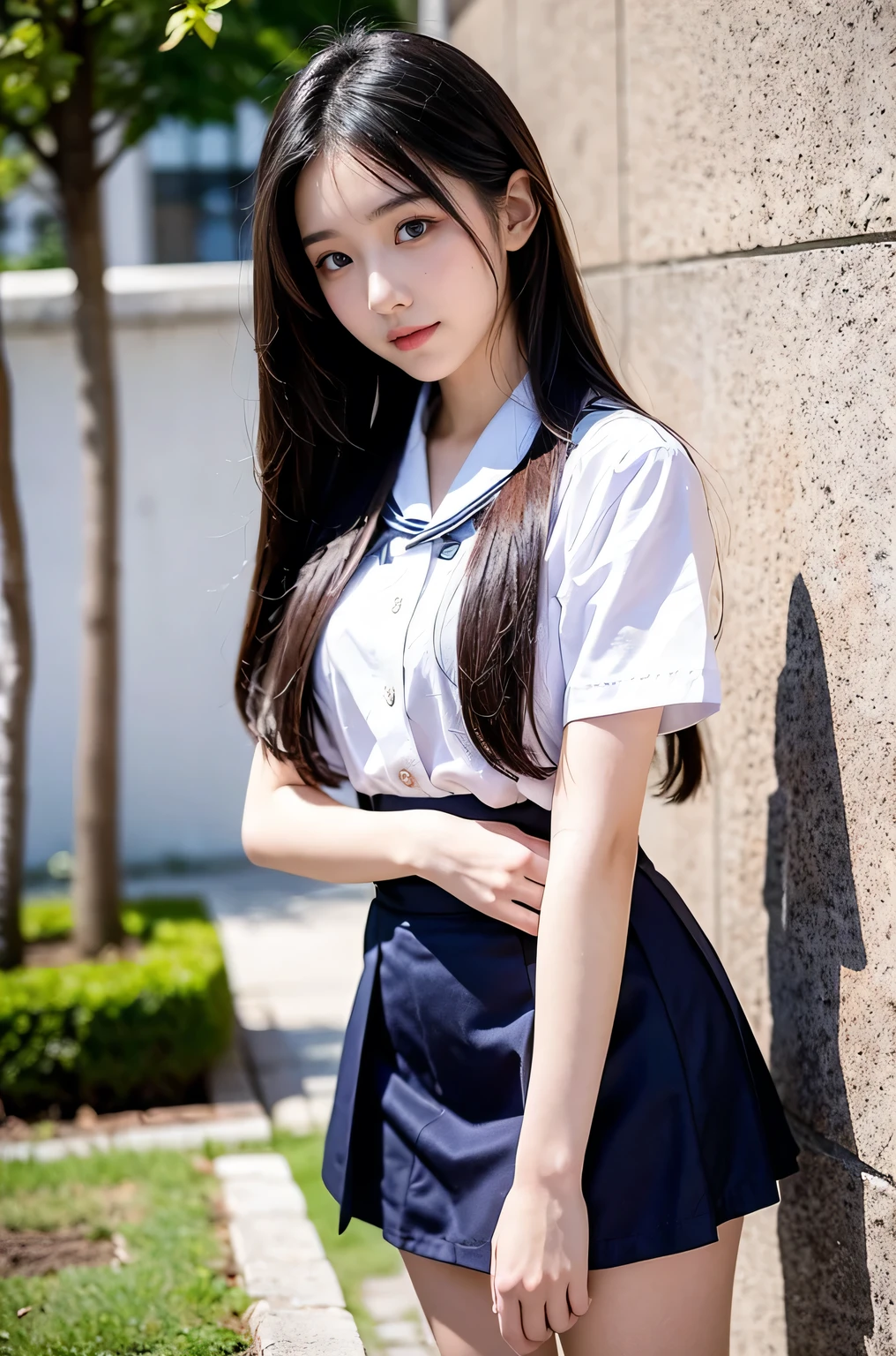 mix4, (8K, Raw photography, Top image quality, masterpiece: 1.45), (realisitic, Photorealsitic: 1.37), one girls, cute little, A city scape,, profetional lighting, photon maping, Radio City, physically-based renderingt, Gradient black hair,, a handsome, girl with, (((student clothes、Silk white blouse with short sleeves、Dark blue knitted vest、White Satin Mini Skirt、No red tie pattern、Black High Socks、Black Loafers Leather Shoes))), Top Quality Photos, hight resolution, 1080p, (clearface), (Detailed face description), (Detailed hand description), (masterpiece), (Exquisite CG)、extreme light and shadows、dishevled hair、master work、abundant detail、(Fine facial features)、(top quality photo)、(masuter piece)、(A detailed eye)、Look in front of you、Fine clavicle、((Slender big))、((White beret)))、((Cute idol system))、((School Grounds))、(Shooting from random perspectives)、(((Anyway cute)))、耳Nipple Ring、A big smile、Drawing the whole body from the knees、Do not draw nasolabial folds、(((Holding a leather student bag in your hand)))、Big breasts that stand out from the top of clothes、Two legs、(((Standing Pose)))、bare hand、Hands out of the sleeves of blouses、