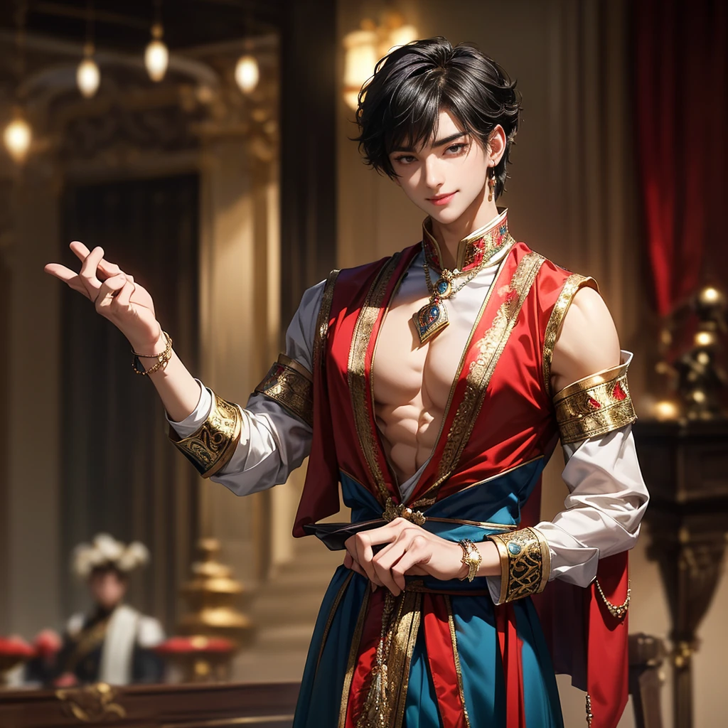 man,Asian Men,Handsome Thai man,A man wears a red loincloth,Red loincloth with Kanok pattern,wearing a gold belt,Wear a gold-colored Sangwan with a ruby pendant.