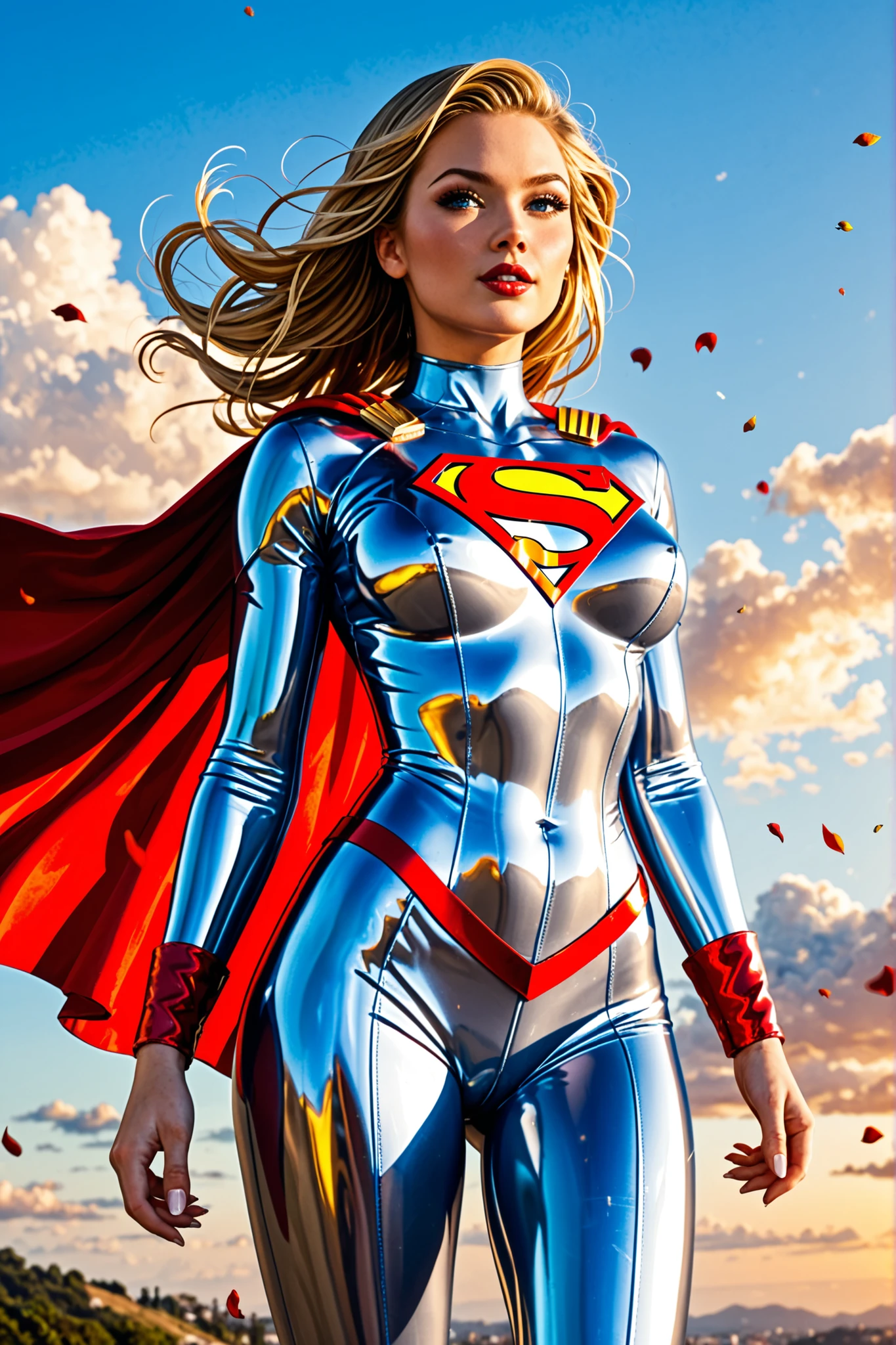 lithe ample breasted blonde adolescent supergirl in flight wearing metallic version of classic superman "S'" symbol and skimpy skin-tight uniform, high quality, 8K Ultra HD, A beautiful double exposure that combines a goddess silhouette with sunset coast, sunset coast should serve as the underlying backdrop, with its details incorporated into the goddess , crisp lines, sharp focus, double exposure, by yukisakura, awesome full color,