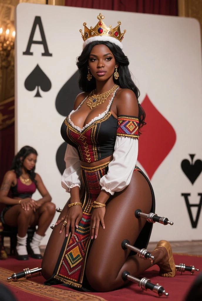 (masterpiece), best quality, expressive eyes, perfect face, (gambling hall background), (standing), (closeup view), (seductive expression), (1girl, Gabrielle Union face, ebony, dark skin, black skin, black hair, long waivy hairstyle, brown eyes, hourglass figure, thick body, curvy body, large breasts, huge breasts, large cleavage, oppai, thin waist, wide hips, thick thighs, (tight outfit, doesn't fit outfit, bunny outfit, black onepiece bikini, sleeveless, strapless, exposed cleavage, cameltoe, black bunny hears, white gloves, white fluffy bunny tail, black waist pantyhose, black heels, small neck bow-tie),