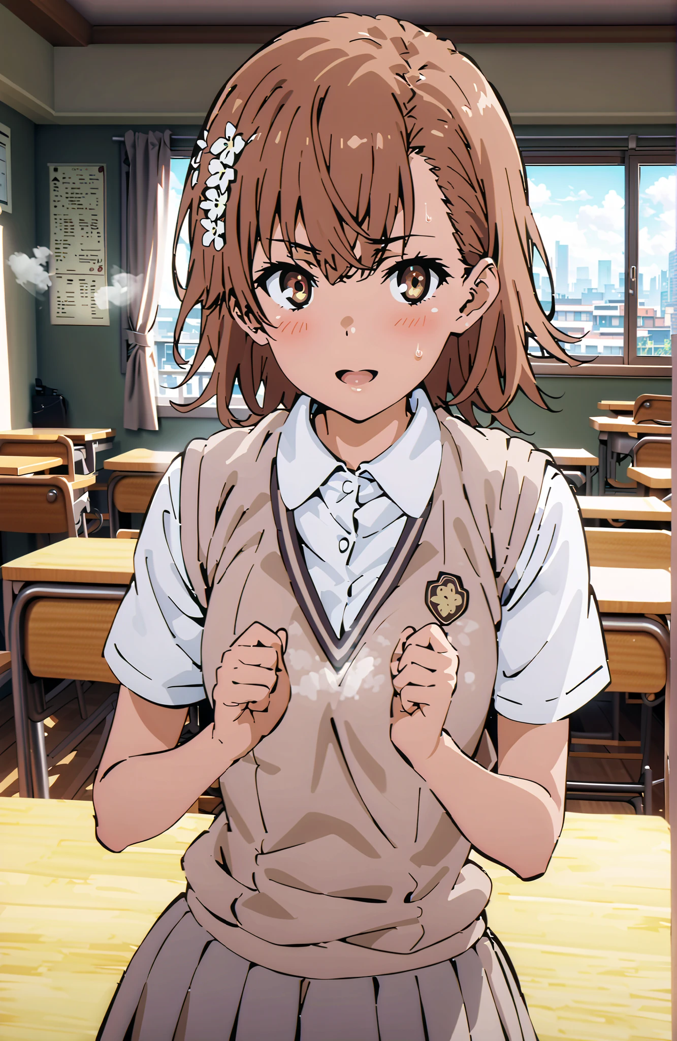 Misaka Mikoto , short hair, brown hair, hair ornament that grabs Narmaya's chest, hair flower, brown eyes in the bedroom,smile,blush,open your mouth,
skirt for ears, shirt, uniform, white shirt, Short Sleeves, pleated skirt for ears, grey skirt for ears, sweater vest, tokiwadai uniform,I'm holding a bouquet of yellow flowers with both arms, Flower blowing snow,curtains,window,machine,blackboard,chairs, Beautiful Streetscapes,standing,in their 40s indoors, Classroom,
in their 40s looking at viewer,full body,
in their 40s (masterpiece:1.2), Highest Quality, high resolution, Unity 8k 壁紙, (Illustrations:0.8), (beautiful detailed eyes:1.6), very detailed face, perfect lighting on the table, extremely detailed CG, (perfect hand, perfect anatomy),