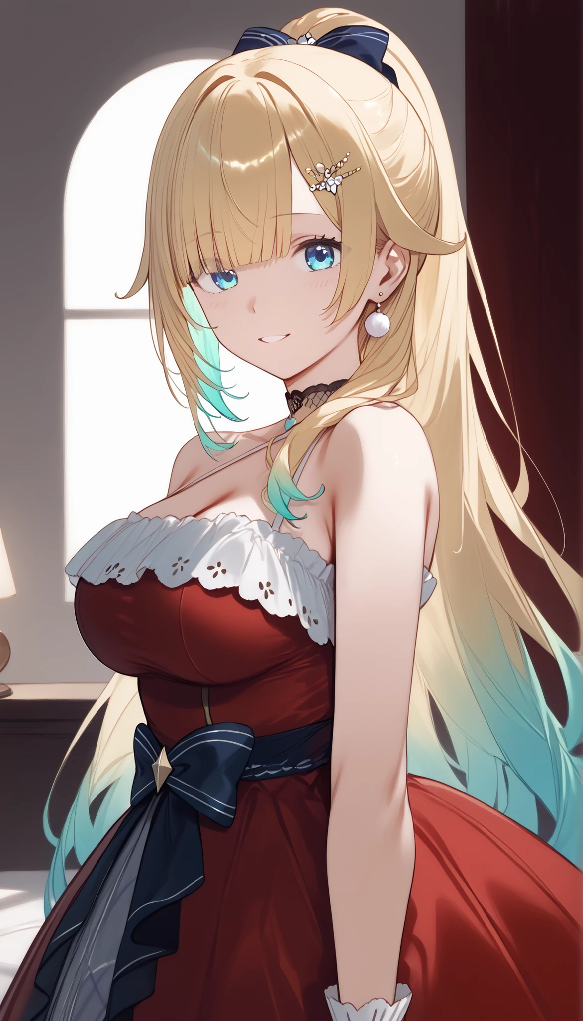 masterpiece, score_9, score_8_up, score_7_up, anime, pinup, masterpiece, full twinkle, perfect face, best quality, high resolution, aizawa ema, 1girl, virtual youtuber, blonde hair, aqua hair, gradient hair, long hair, very long hair, blunt bangs, blue eyes, standing, idol dress, (red dress), large breasts, high ponytail
