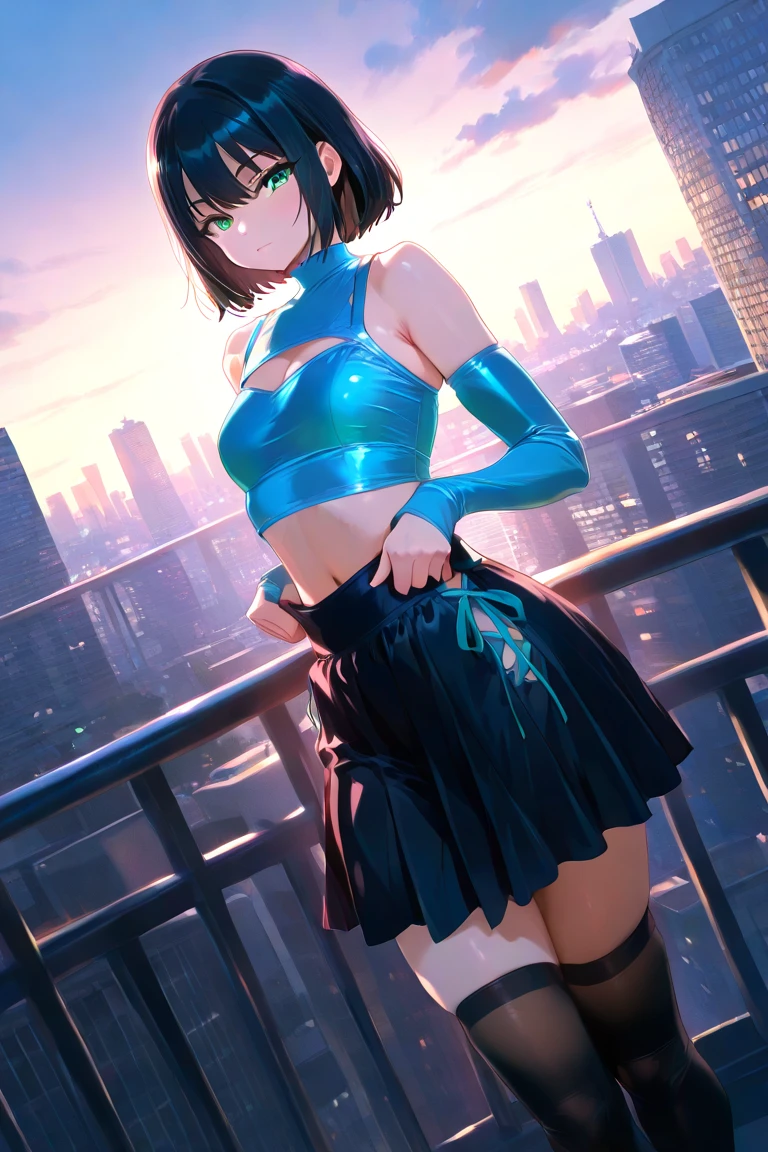 (((Sexy dancer))), ((Sexy and cute futuristic costume)), (((skirt))), (skindentation), skinny, solo, (1 sexy woman), Masterpiece, highest quality, highest quality, 16K, incredibly absurd, highly detailed, 2.5D, ai-generated, delicate and dynamic, very delicate facial expressions, delicate eye depiction, erotic, only sexy woman, ((A cute and kind face)), healthy figure, ((25-year-old woman)), 160cm tall, medium firm swaying bust, blush, Sweat,Embarrassed,sexy, ((thin thighs)), ((shiny and lustrous)), facing straight at viewer, smile, Future City, daytime, bright, dutch angle, sexy, (Metallic costume:0.1), sexy pose,