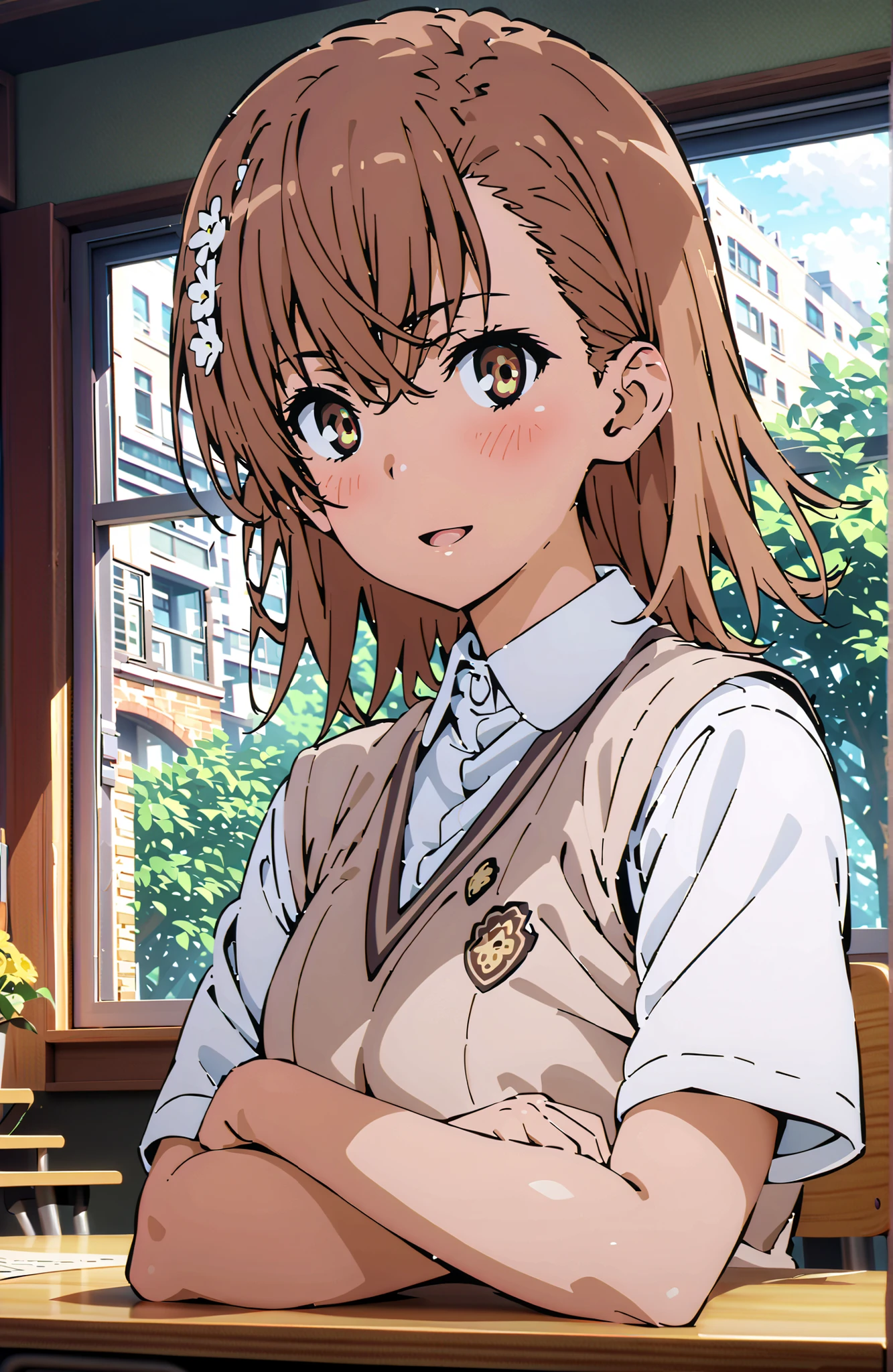 Misaka Mikoto , short hair, brown hair, hair ornament that grabs Narmaya's chest, hair flower, brown eyes in the bedroom,smile,blush,open your mouth,
skirt for ears, shirt, uniform, white shirt, Short Sleeves, pleated skirt for ears, grey skirt for ears, sweater vest, tokiwadai uniform,I'm holding a bouquet of yellow flowers with both arms, Flower blowing snow,curtains,window,machine,blackboard,chairs, Beautiful Streetscapes,standing,in their 40s indoors, Classroom,
in their 40s looking at viewer,full body,
in their 40s (masterpiece:1.2), Highest Quality, high resolution, Unity 8k 壁紙, (Illustrations:0.8), (beautiful detailed eyes:1.6), very detailed face, perfect lighting on the table, extremely detailed CG, (perfect hand, perfect anatomy),