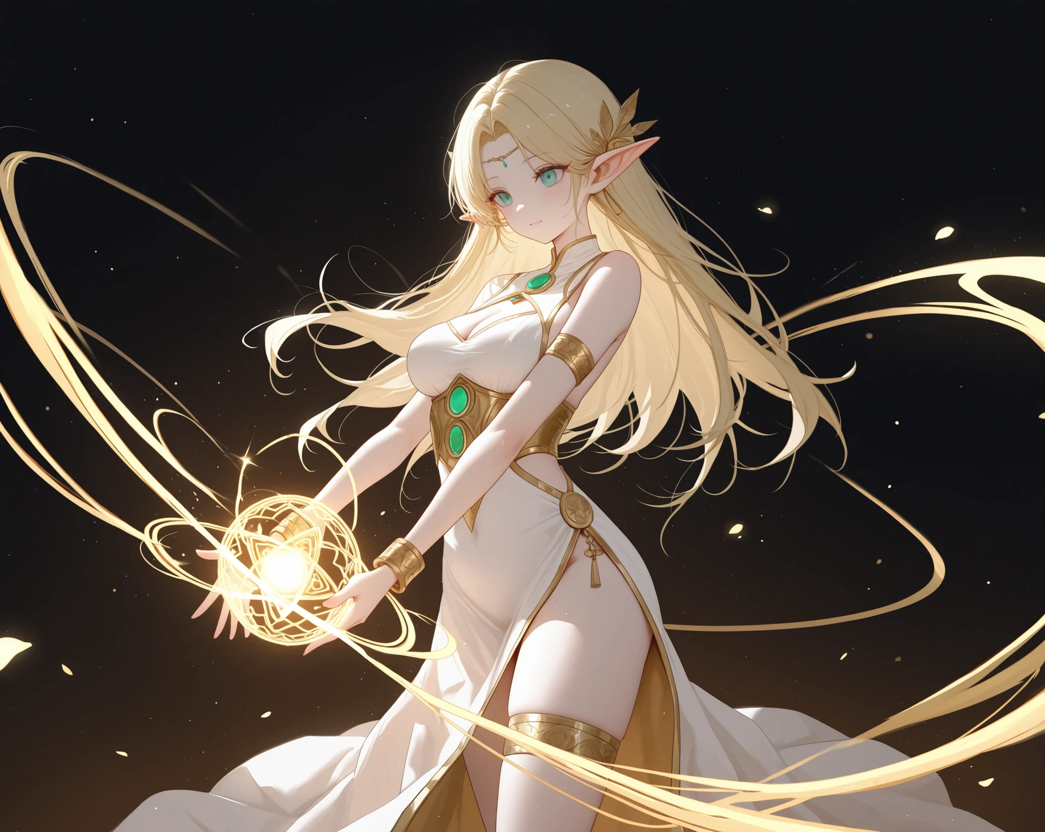 nsfw,a blond,Two-sided,magical little girl,stick,It's radiating magic,glinting,Fantasia,Green and White dress,Fluffy swaying hair,Top image quality,Best Quality