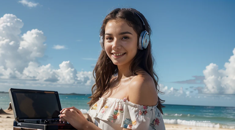 mENINA BLONDE CHILD IN BRAIDS, in leather jacket and headphones making peace sign, girl wearing headphones, with headphones, vibrating with music, with headphones, wearing turtleneck and jacket, dressed in short leather jacket, in front of an orange background, wearing a denim jacket, listening to pious music, Wearing headphones, wearing a leather jacket, she wears a leather jacket