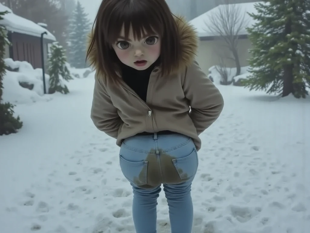 Girl pooped while holding down her buttocks with both hands in heavy snow,anime