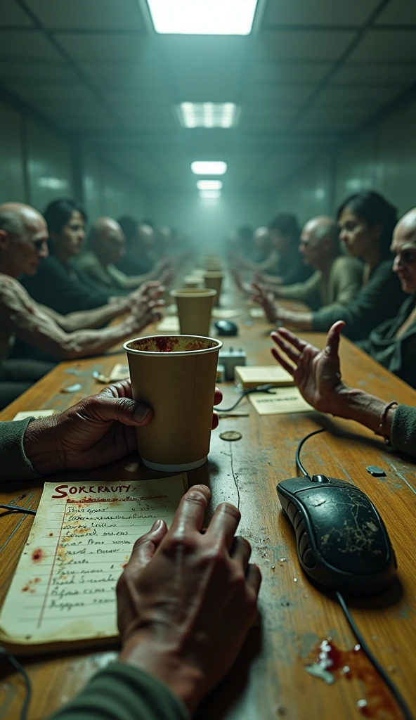 POV of one decaying zombie hand holding a stained paper coffee cup ...