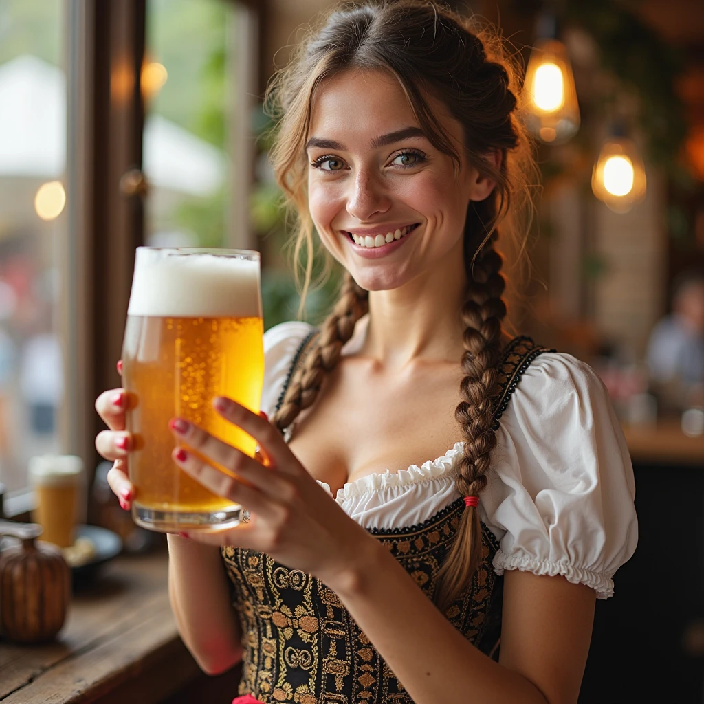 Happy beautiful Bavarian waitress serving beer, looking away joyfully. Cheerful gorgeous Oktoberfest woman wearing traditional fest dress posing with mugs of beer. Drinking people on background, bar with sign "BIRITZA"