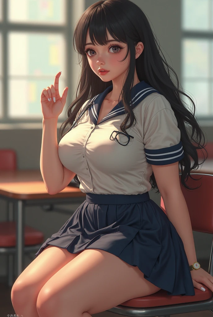 ((Highest quality)), ((masterpiece)), (detailed), One Girl,(Knee-length),Cosplay,whole body,Big Breasts,Underbust,Underboob,Sailor suit,school uniform,shirt,(shirtのボタンを開けてる),22-year-old woman,valley,(Naughty look),(Loose perm),((Excited expression)),Browsing Caution,nswf Japanese,(attractive appearance),atmosphere,rotor,blush,(A girl in a darkened classroom)