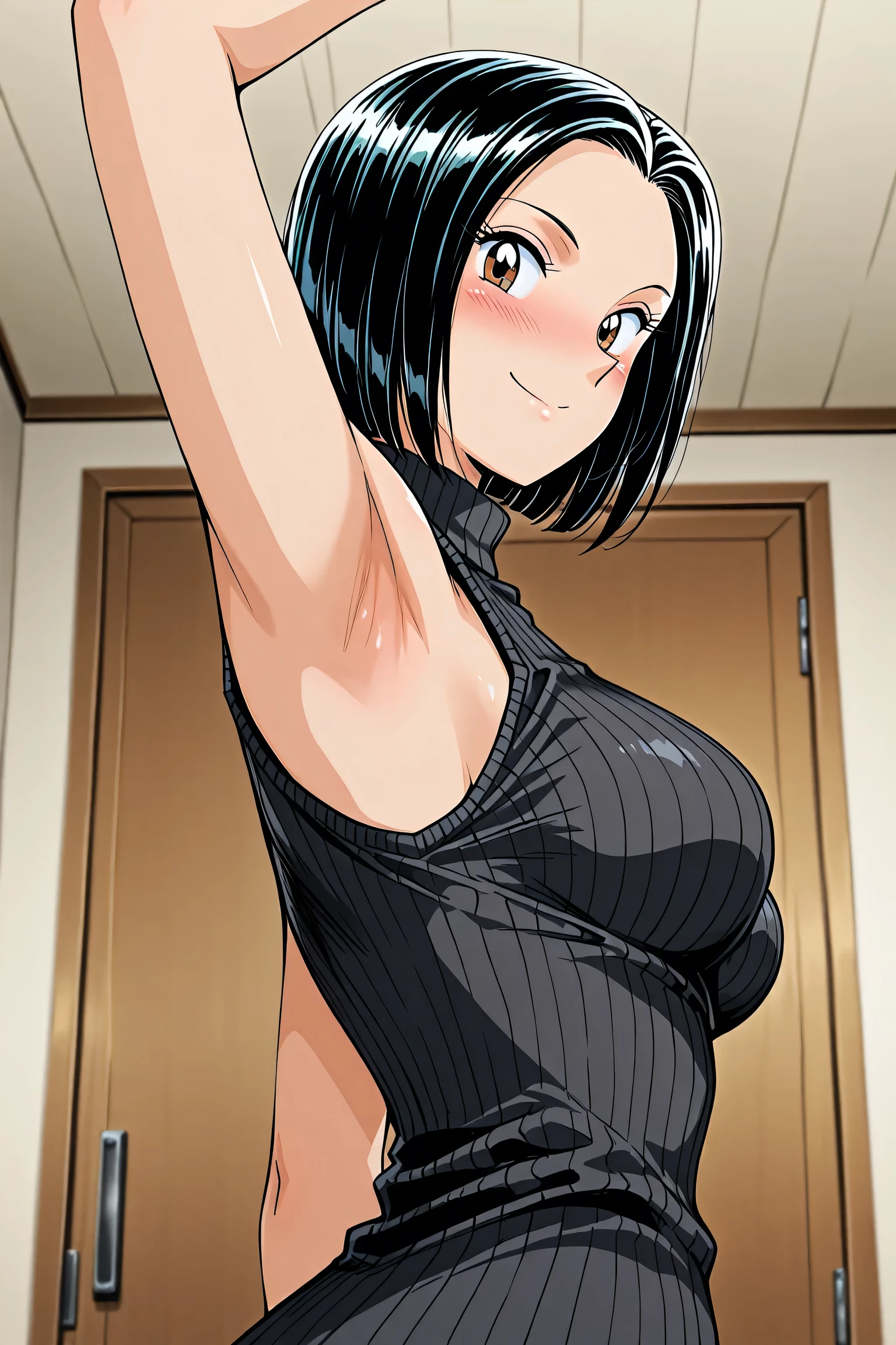 masterpiece, best quality, ultra-detailed, glowing light, perfect face, detailed face, <lora:KotomiLora:0.9>,kotomi takanashi,black hair, black eyes, leotard, pink leotard, long sleeve leotard,black long sleeves, standing, cameltoe, looking at viewer, smile, katsura masakazu, solo, 1girl, two color leotard, <lora:Katsura_Masakazu_v20:0.7>