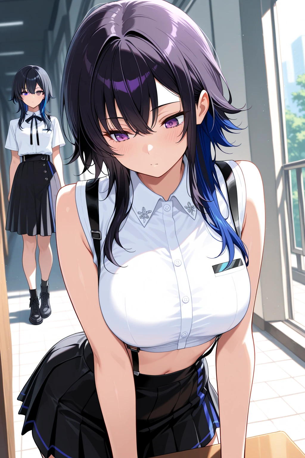 score_9, score_8_up, score_7_up, source_anime, Expressiveh, BREAK 1girl, minamotono_raikou_\(Fate\), parted bangs, purple eyes, purple hair, long hair, hime cut, forehead, black sailor collar, black serafuku, black shirt, collarbone, crop top, crop top overhang, cropped shirt, black skirt, midriff, navel, neckerchief, pleated skirt, red neckerchief, sailor collar, serafuku, shirt, skirt, looking at viewer, puffy nipple, covered nipple, on train, train interior, BREAK 1boy, (faceless male), size difference, breasts, stealth fingering, fingering, lace trimmed panties, dripping, netorare, cheating\(relationship\), cowboy shot, close up, (multiple views), ass, (groping), panel rayout