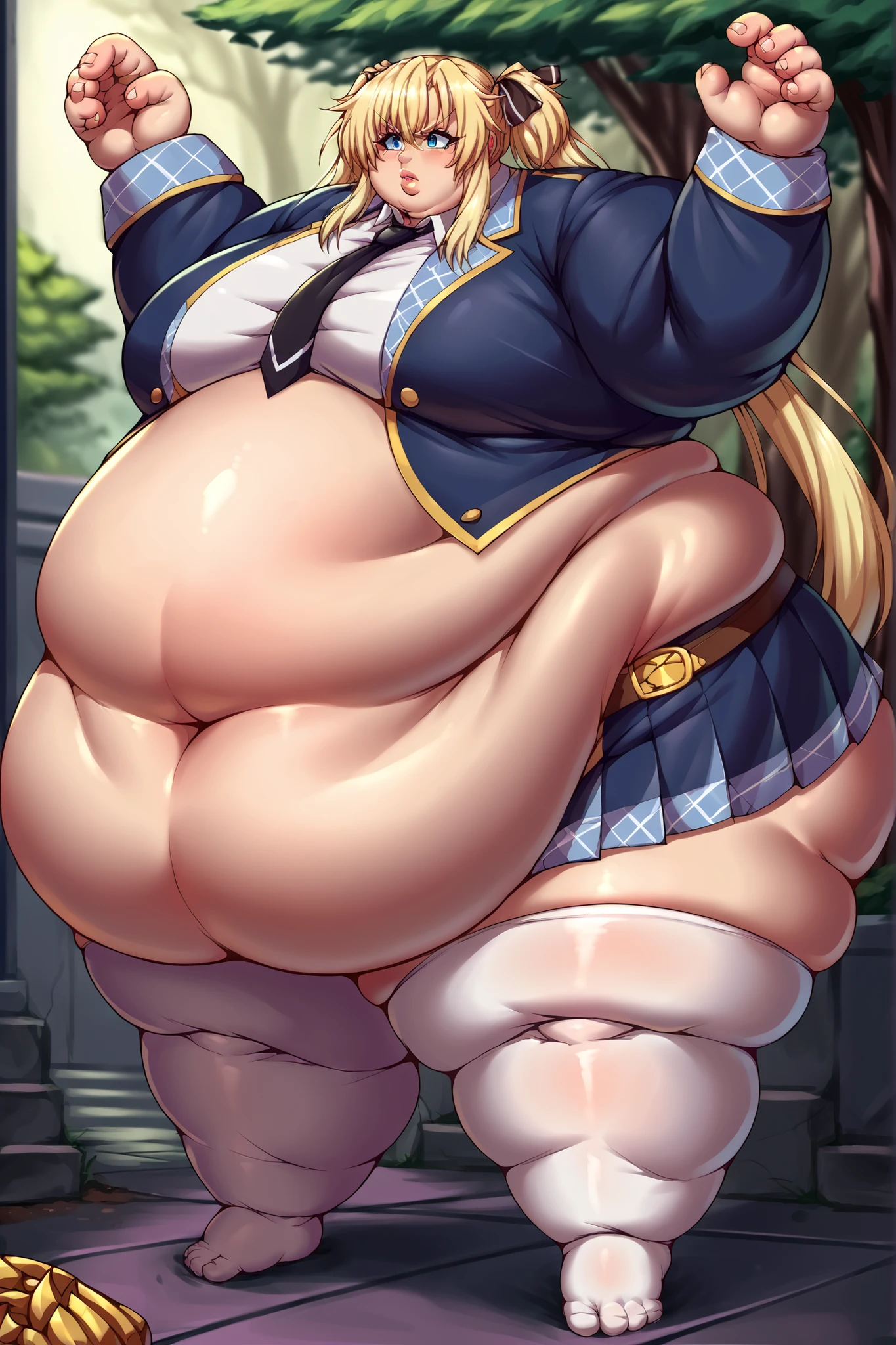 jeannedarc, jeanne darc, blonde hair, blue eyes, long hair, (medium breast:1.2),
BREAK bare shoulders, black necktie, black thighhighs, braid, (long braid:1.5), miniskirt, navel, necktie, shirt, single braid, sleeveless, sleeveless shirt, thighhighs, white shirt,
BREAK looking at viewer,
BREAK outdoors,
BREAK (masterpiece:1.2), best quality, high resolution, unity 8k wallpaper, (illustration:0.8), (beautiful detailed eyes:1.6), extremely detailed face, perfect lighting, extremely detailed CG, (perfect hands, perfect anatomy), big breast, H-cup, good breast, beautiful, gorgeous,anime,girl,lora, (huge big breasts:1.5) nipple visible though clothes, big belly, pregnant pregnant, sexy
