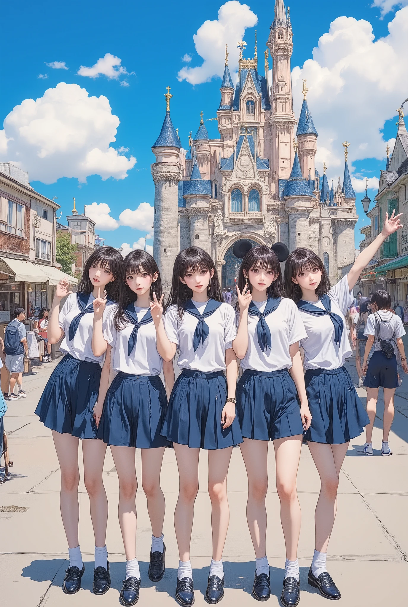 masterpiece, best quality, ultra-detailed, Photo-realistic, hyper-realism, front view, (full body shot, full length photo, wide angle shot, from a distance), (from below:0.3), 8K wallpaper, perfect face, perfect anatomy, perfect feet, cute Round face, Instagram, souvenir photo. (blushing, happy), flashy-makeup, 5Girls, Innocent Japanese high school girls stand side by side. in front Cinderella Castle at Disneyland. in TOKYO Disneyland. High school uniforms. Sailor uniform, mini_skirt, socks, black_loafers, and Navy_cardigan., Micky Mouse ears. reaching arm towards viewer with peace sign. slender body or medium body or chubby body. various breasts-sizes, pingtu style, illustration-fen, Gothic_girl, Created Using: Canon EOS R and Canon RF 50mm f/1.2L USM lens