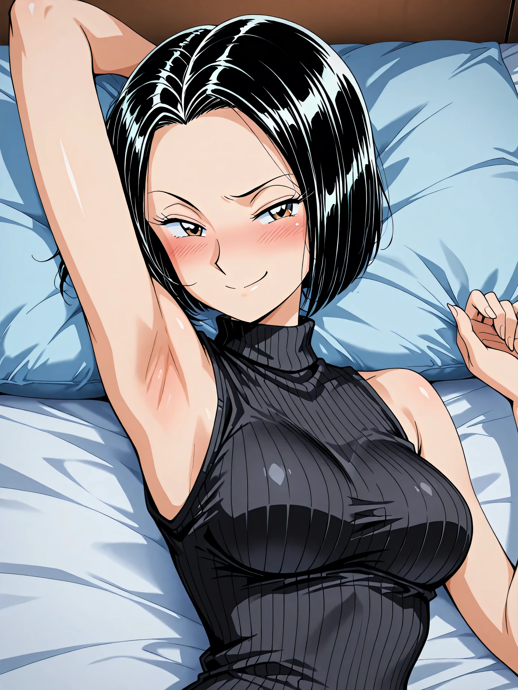 masterpiece, best quality, looking at viewer, upper body, portrait, looking at viewer, seductive smile, put your hands behind your head, armpits, armpits visible, sweaty armpits, mai zenin, very large breasts, short green hair, wearing black tanktop,