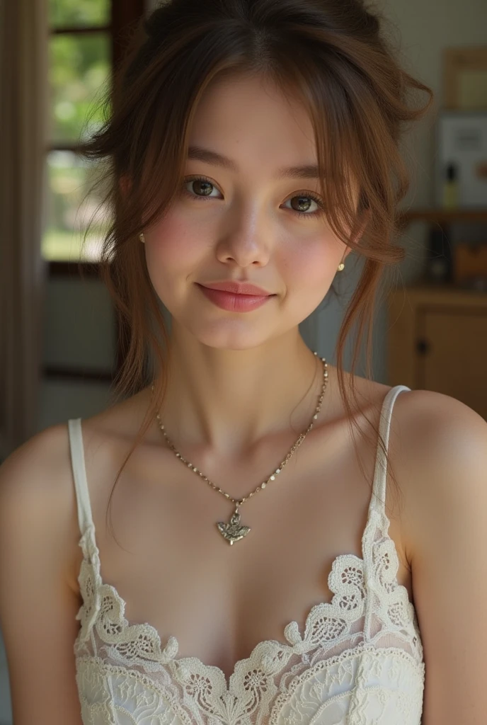 1 pretty girl，white skinned，brown  hair，looking at viewer, beautiful small chest, France, pony tail, happy smile, sports, riding, pulling, dynamic, roses, in love, joyful, singing, coconut, artist, aesthetic, tapping, lavender, sexy pose red lingerie, Victoria's secret, princess