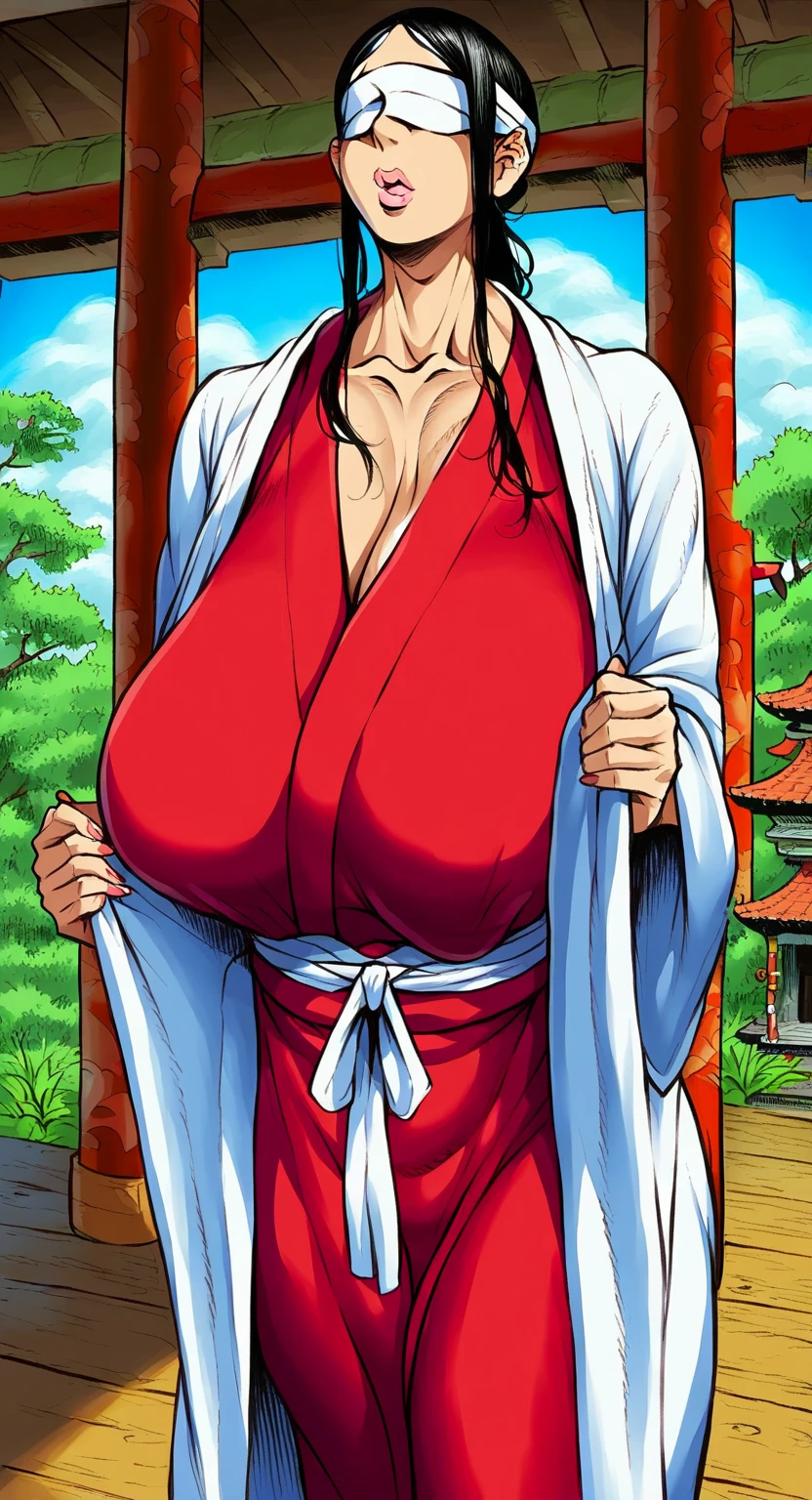 (kukaku Shiba), gigantic breasts, masterpiece, 4k, detailed, sketch marks, cinematic masterpiece, cowboy shot, solo, 1girl, shiba kuukaku, (prosthesis, prosthetic arm:1.1), smile, closed mouth, looking at viewer, red dress, bandages, cleavage