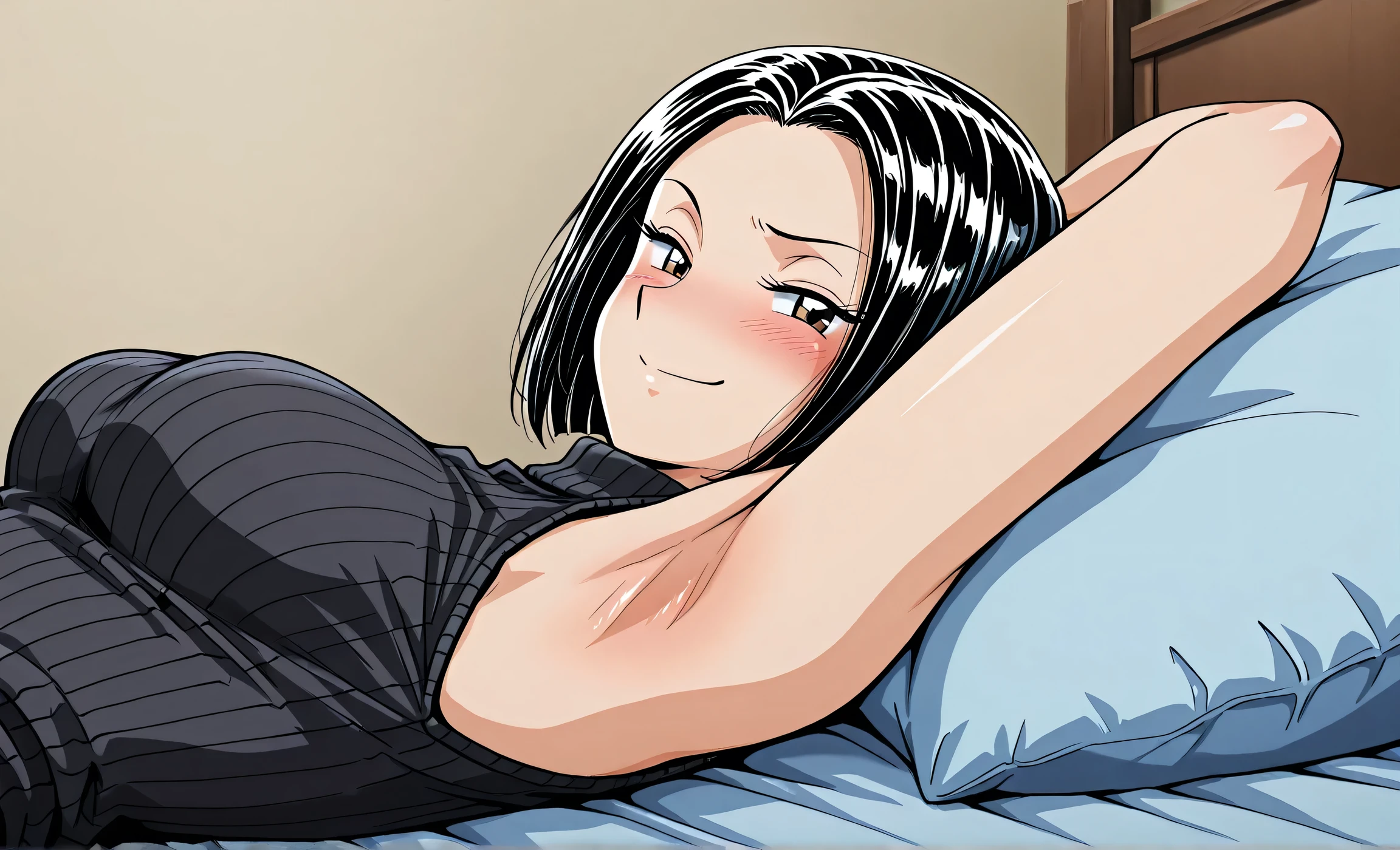 drgbls1, Curvy blue eyed girl with long wavy black hair and small breasts, (smug), nudity, (extreme nsfw), lewd, floating hearts, bedroom, laying in bed, armpits, (pubic_stubble):3.0, romantic:3.0