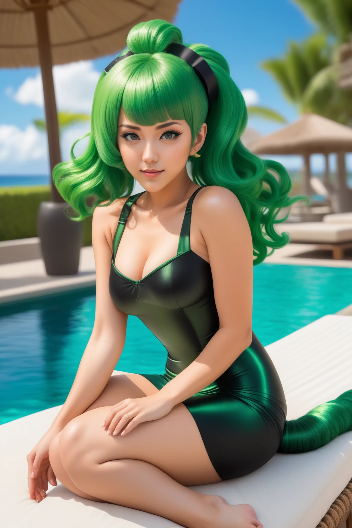 Generate me, an image of a green-haired Waifu model, super realistic, the girl should be in pink pajamas and tight bracier marking her body.
