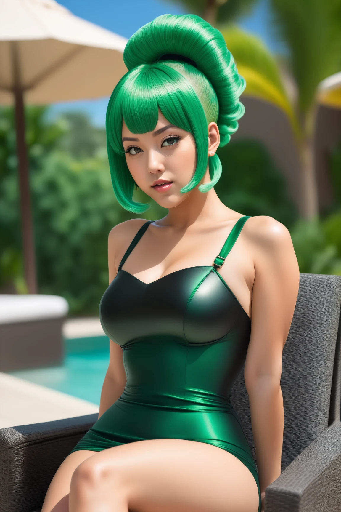 Chubby shy Korean woman, 20 years old, completely green hair, Tight bodysuit, 2 pigtails of short hair, almond green eyes, fair skin, discreet make-up, cute, energetic attitude, ultra high resolution, ultra detailed.