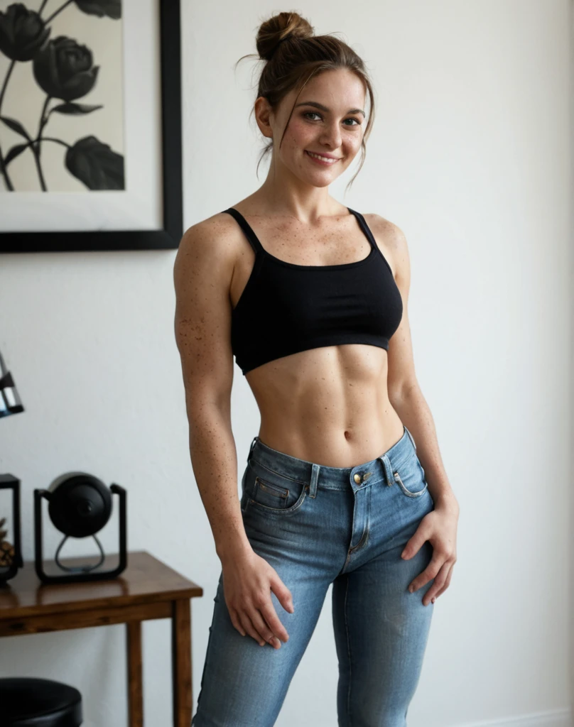 there is a woman standing in a room with a table and chairs, wearing a green tank top, wearing a tank top, wearing a tank top, wearing: tank top, wearing a green tank top and gray shorts, in a tank top, fitness body, green t-shirt and gray short shorts, she is in a room, is around 40 years old.. Woman in good shape. High quality, high resolution, masterpiece, 8k.