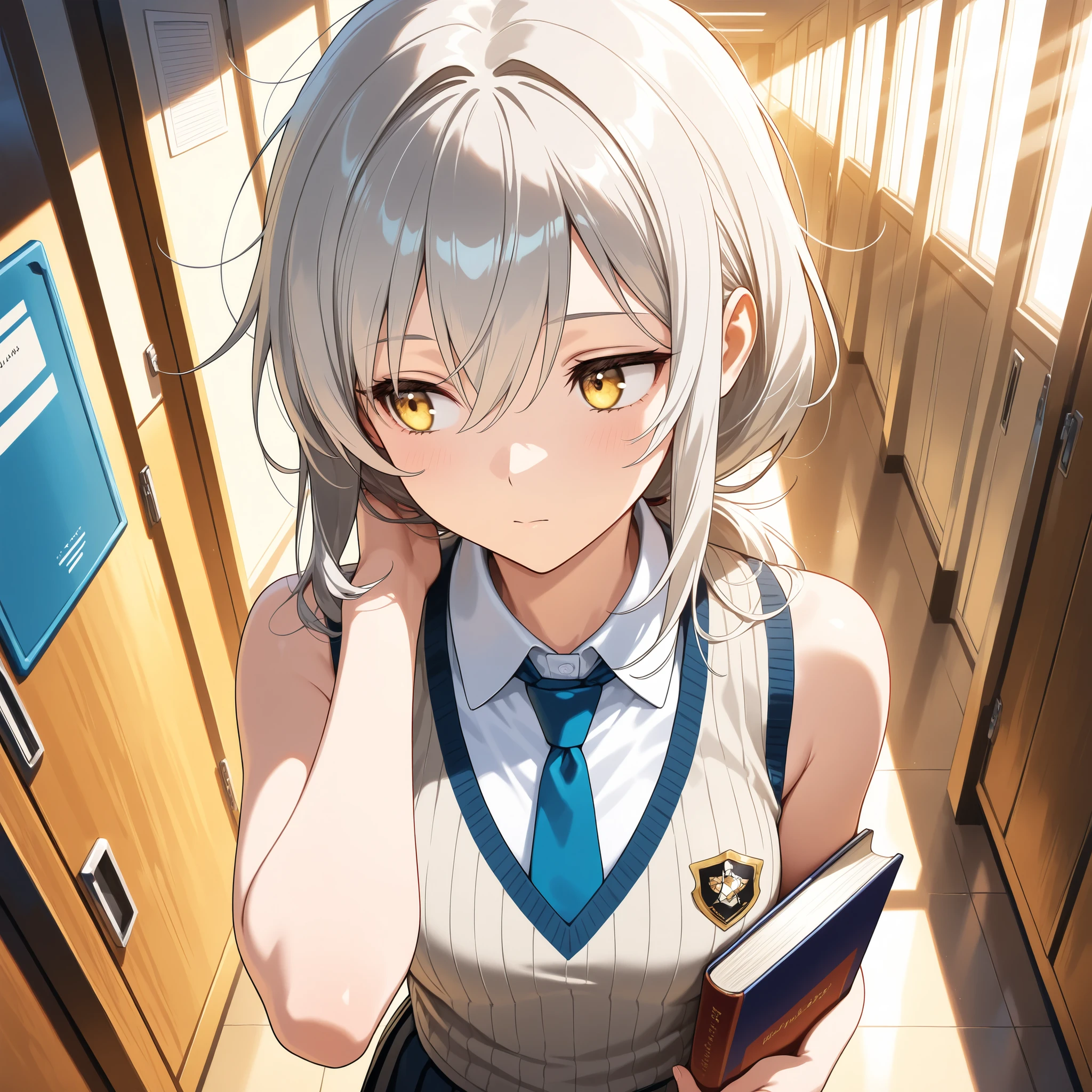 (masterpiece:1.2, Best Quality), (finely detailed beautiful eye: 1.2), (beautiful detailed face), solo,close up, portrait, upper body, looking to side, looking away, standing, close up, messy hair, yellow eyes, hand behind neck, long hair, gray hair, low ponytail, light skin, yellow eyes, collared shirt, bare shoulders, bare arms, ribbed gray vest, school crest, tie, skirt, socks, holding books, hallway, doorways, lockers , sunrays,