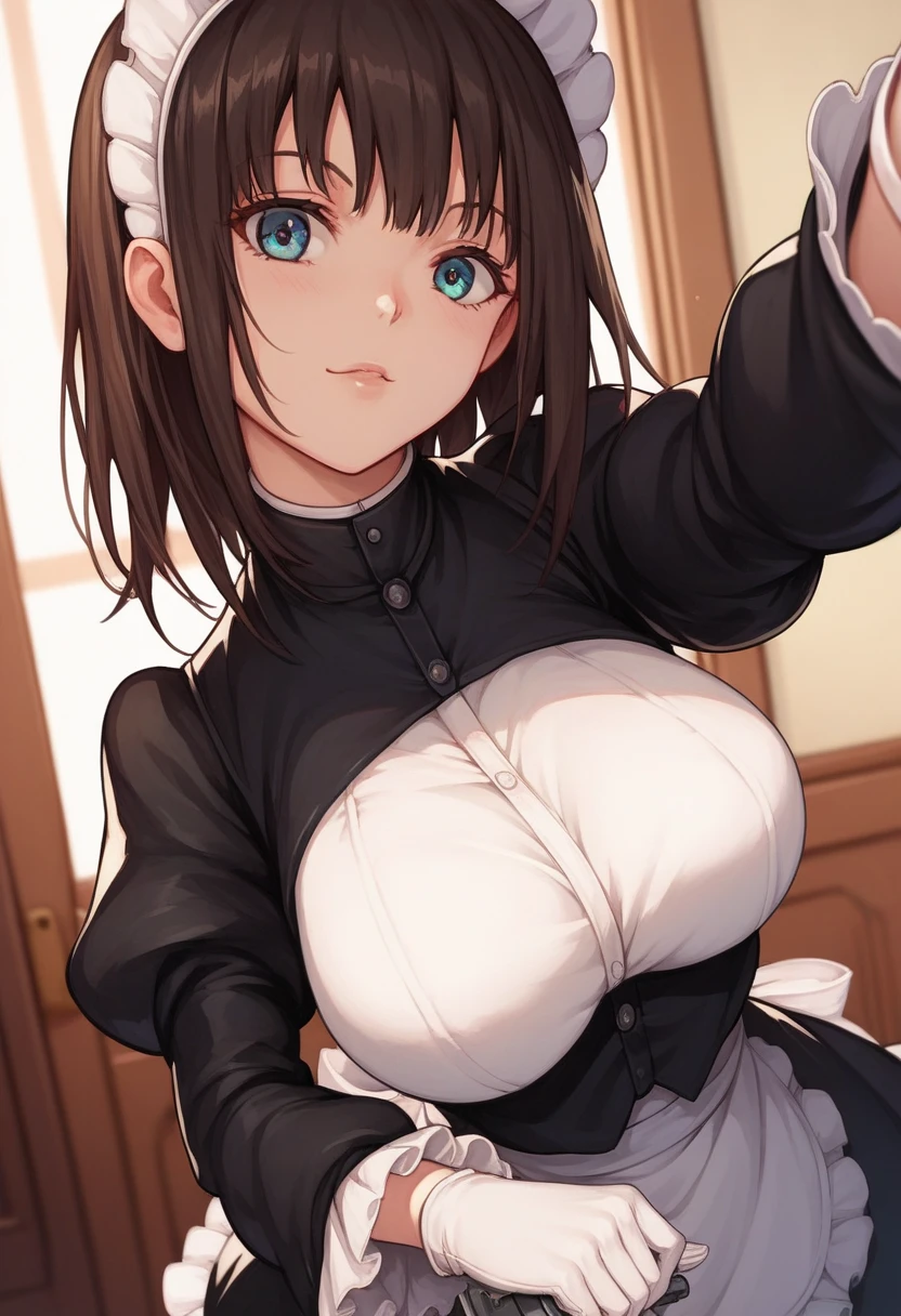 (masterpiece:1.2, top-quality, ultra high res, ultra detailed), (realistic, photorealistic:1.4), beautiful illustration, (natural side lighting, movie lighting), depth of fields, colorful, nsfw, 
looking at viewer, 1 girl, maid, 20 years old, expressive eyes,perfect eyes, perfect face, (perfect anatomy), cute and symmetrical face, baby face, 
(short hair:1.2, straight hair:1.2, brown hair), bangs, blue eyes, long eye lasher, (medium breasts), perfect balance, white skin, shiny skin, slender, 
beautiful hair, beautiful face, beautiful detailed eyes, beautiful clavicle, beautiful body, beautiful chest, beautiful thigh, beautiful legs, 
(detailed cloth texture, (closed clothes), black shirt, puffy sleeves, long sleeves, black long skirt, maid headdress, white glove), 
(beautiful scenery), evening, (living room minimalist), standing, hand between legs, (look down on with disdain, innocent big eyes:1.0, closed mouth), 