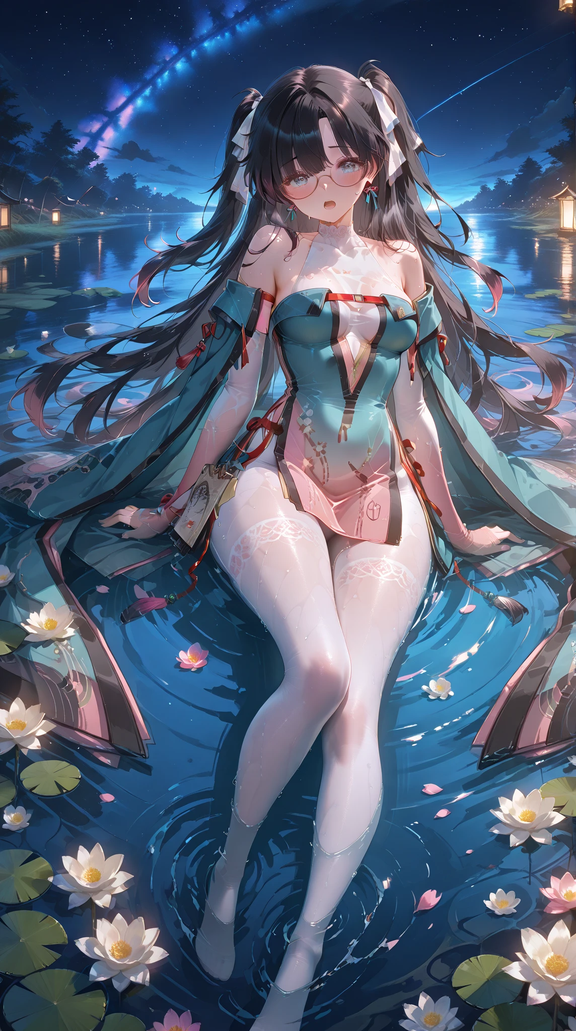 high quality, masterpiece, super detailed, 1 girl, extremely detailed faces, White high-split cheongsam,white gloves,White fishnet stockings,handcuffs,collar,Calm expression,Smile,handcuffs,collar,long black hair, charming pink eyes, fox ears, Ridiculously big, skin shiny, mountain stream,creek