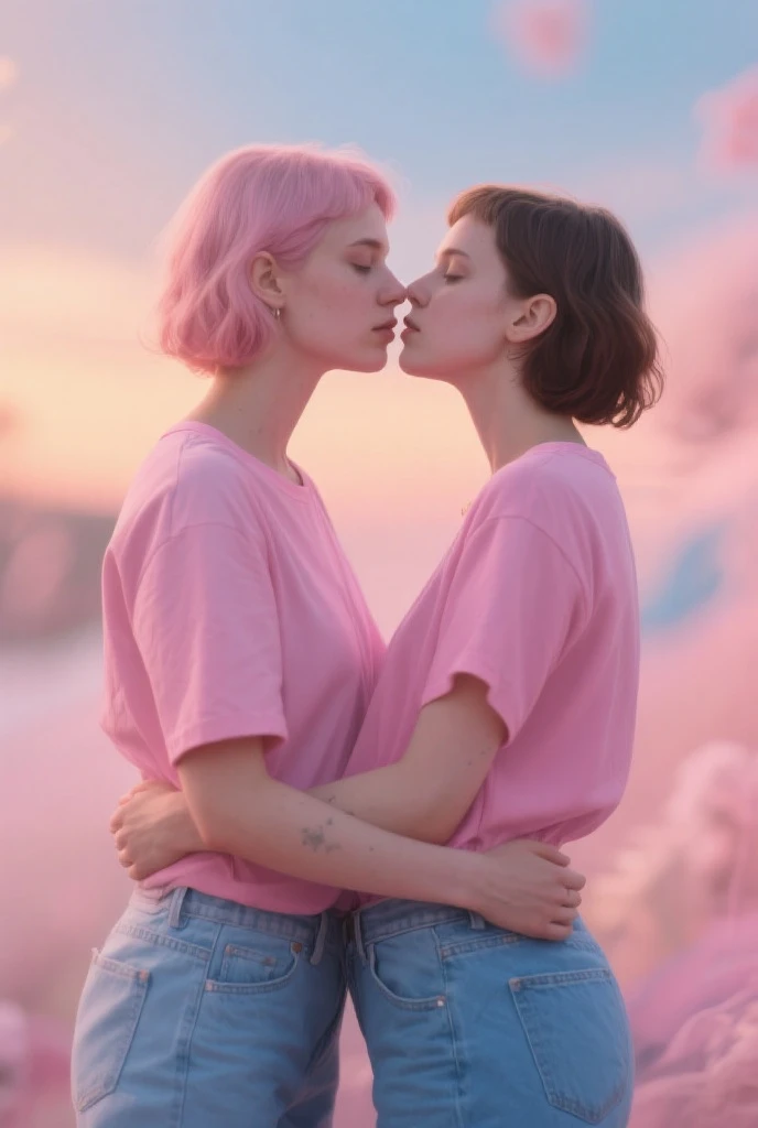 Two sexy lesbian women with pink hair kissing each other
