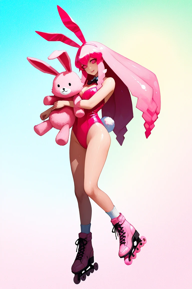 A fifty-year-old woman in a pink outfit holding a sword and whip, Wearing a pink bunny costume, Covered in pink flesh, juri misaki, smooth Pink skin, Pink skin, The rabbit's fur is pink, The rabbit's fur is pink, Beautiful pink little alien girl, Fuchsia Skin, Fuchsia Skin, with kitsune mask, Pink fox