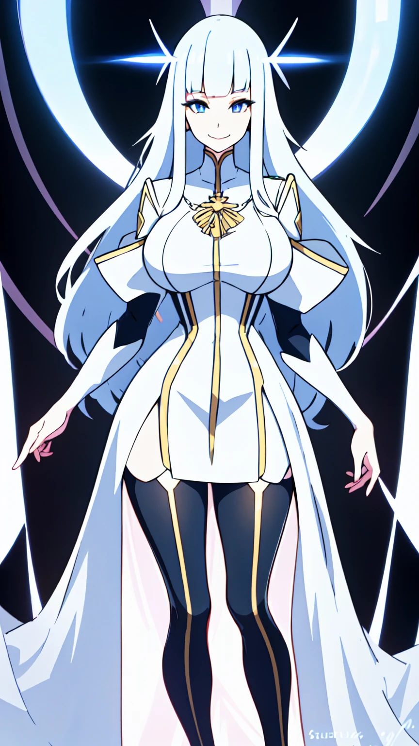 2D, HD, Detailed details, Detailed landscapes, beautiful lights, Beautiful Shadows, top-quality, Highly detailed, masterpiece, best quality, highres, solo, 1girl, luciela1-000005:1>, ishtar1, long hair, white hair, small breasts, closed mouth, smile, looking at viewer, highly detailed hands, highly detailed eyes, cleavage, Perfect hands, highly detailed face, full body, anime styled, loli, simple background, white clothes, blue wings devil, blue thighhighs, white high heels, white gloves, Arm hair