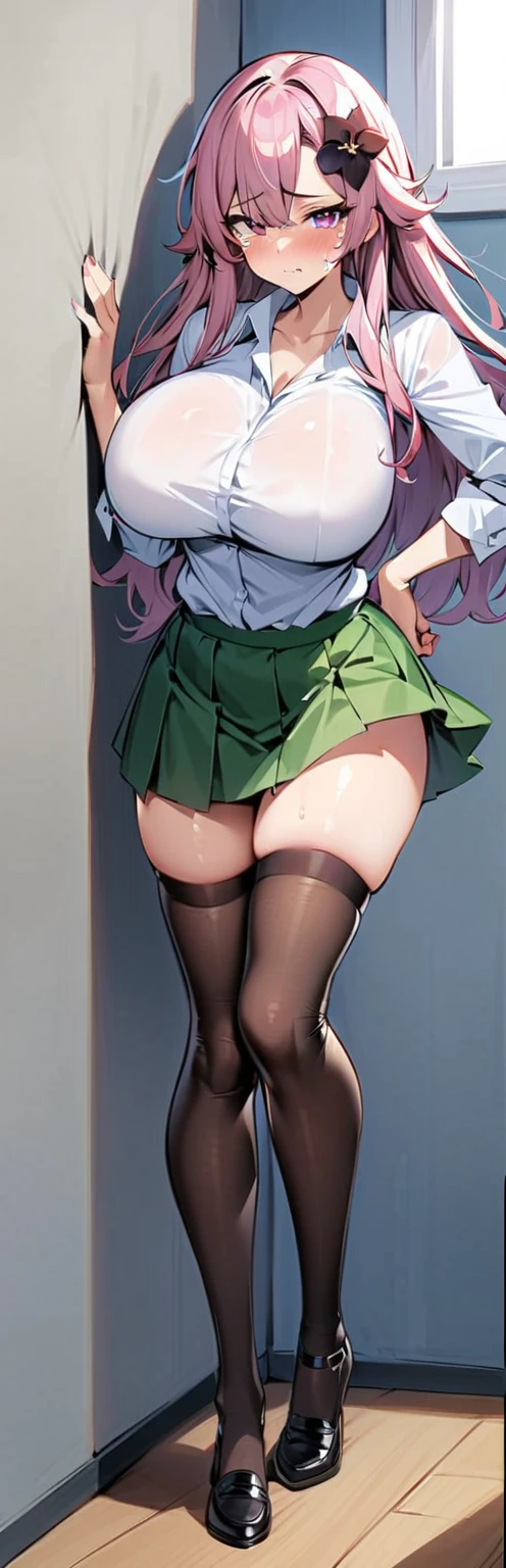 (masterpiece, best quality, high resolution:1.4), 1girl, woman, star butterfly, happy, cloud outfit, pouch, horn_hairband, looking at viewer, pantyhose upskirt focus view, green striped panties, panties close focus, under view, skirt lift, lowered panties, front view, wet legs
