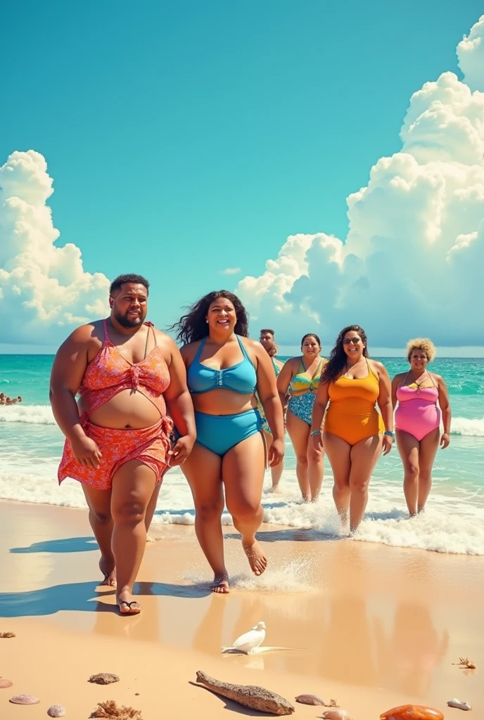 10 plus size model women with lots of belly and butt fat weighing 200kg, they gained weight from eating too much, they are brown haired obese with very big belly and butt, they are plus size models with lots of fat all over their body, they are wearing colorful swimsuits and dancing at a lively music festival on the beach, 4K quality