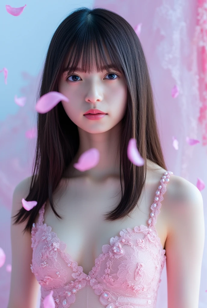 One Girl, Large Breasts, Floral, Lisianthus ,Light Pink and light blue styles., A dreamy, romantic piece., Light Pink, Intangible documents, A fun arrangement, Fantasy, High Contrast, Ink strokes, explosion, Overtouch, Impression of purple and red tones , Abstract, Negative Space,